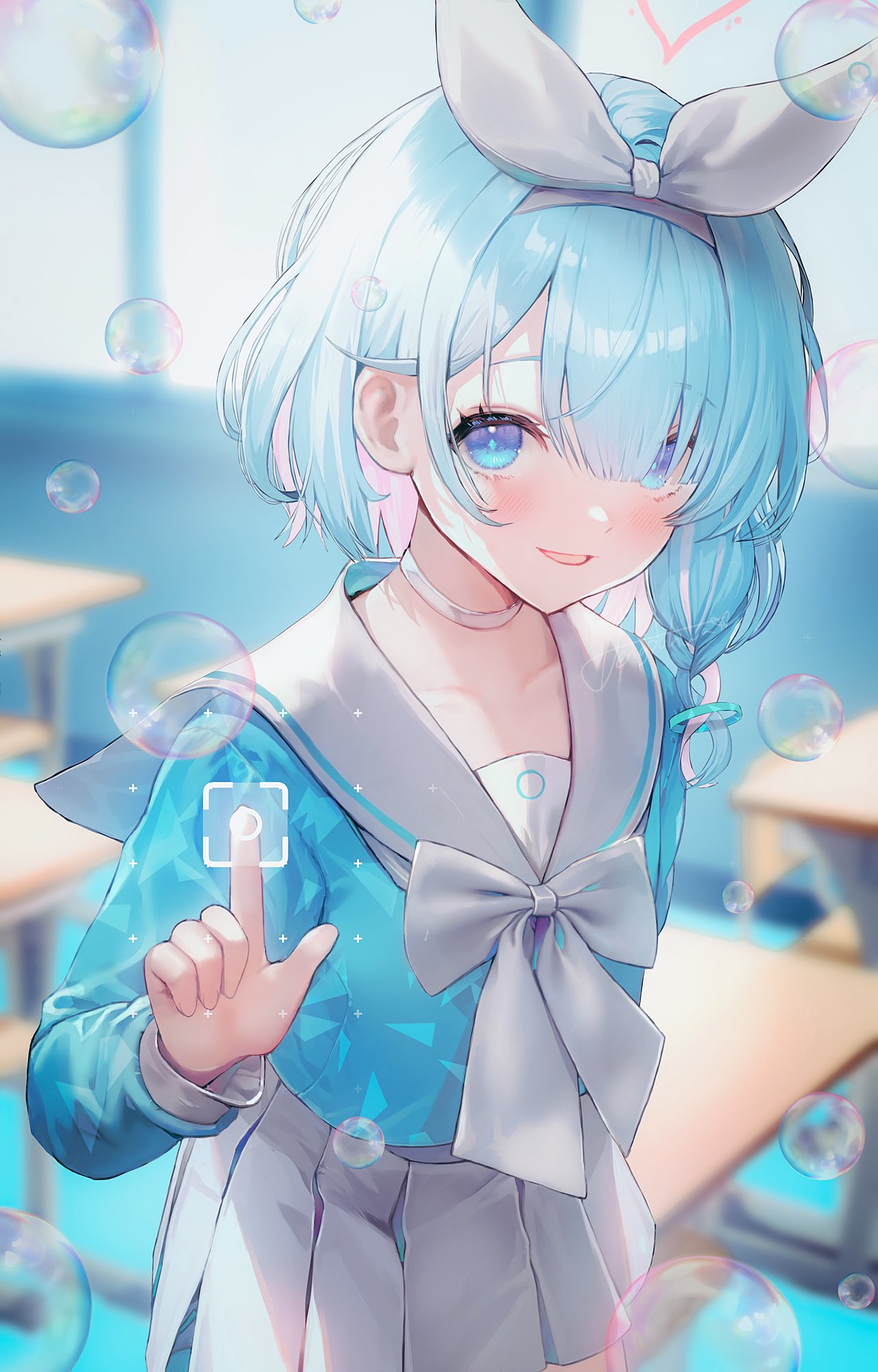 he image is a digital illustration of a cute anime girl with light blue hair styled in a bob with a braid. she's wearing a light blue sailorstyle school uniform with a large white bow.  the setting appears to be a bright, airy classroom with many floating soap bubbles adding a dreamy, whimsical effect. the girl is touching a transparent digital interface with her finger, suggesting a technological element. the overall style is soft, pastel, and kawaii.