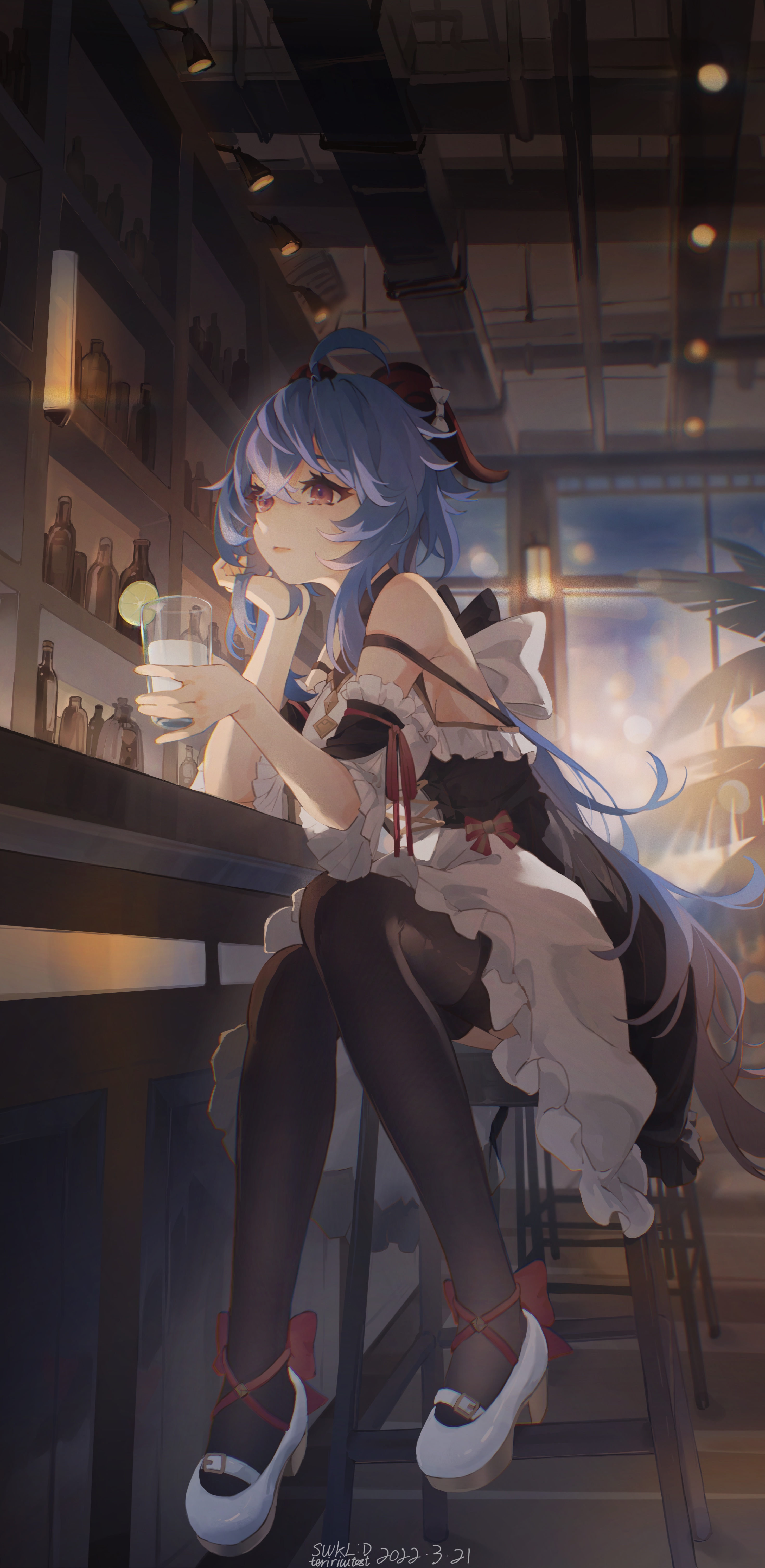 the image is a digital illustration of an animestyle young woman with long, vibrant blue hair. she's dressed in a maid outfit consisting of a white apron over a darkcolored top and skirt, adorned with red ribbons.  she's sitting with her legs crossed on a bar stool at a dimly lit bar counter, holding a glass containing what looks like a cocktail. the background features a cozy, dimly lit bar setting with shelves of bottles,  warm lighting, and a view of a sunset or twilight through a large window. the style strongly suggests fanart, possibly inspired by a video game like genshin impact, due to the character design and art style. the overall mood is serene yet slightly melancholic.