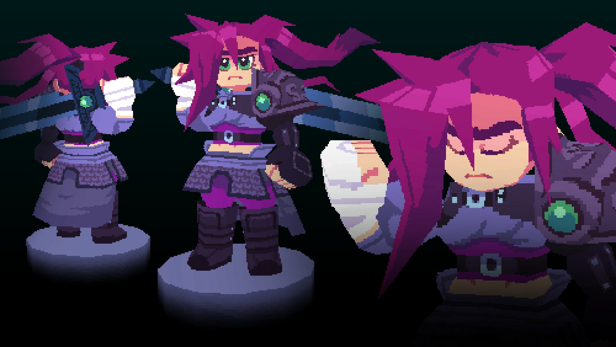 a pixel art video game character concept featuring a female warrior with pink hair and a large sword. she is wearing armor and has a determined expression. the background is dark and the lighting is artificial. this character could be found in a fantasy, action, adventure, or rpg game.