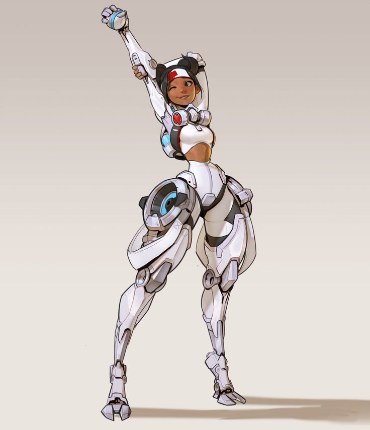 a digital illustration shows a female character with white and blue robotic legs and arm standing against a creamcolored background, stretching her arms above her head. she wears a white sports bra and shorts. the character is drawn in a dynamic pose with detailed linework and soft lighting.