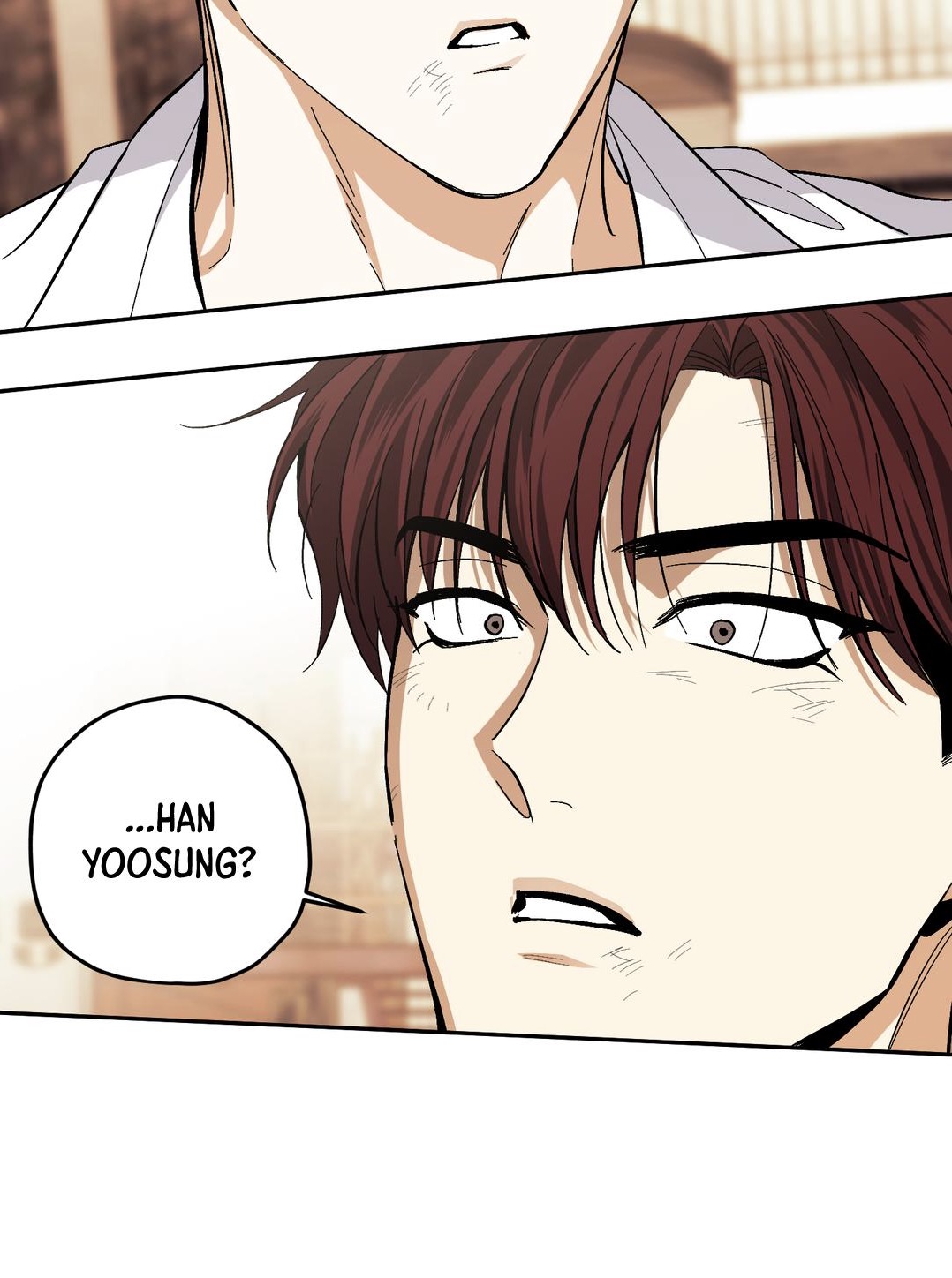 closeup view of a man's face from a comic or mangastyle illustration. he appears surprised and slightly worried, with his eyebrows raised and mouth slightly open.  a speech bubble above him asks, "...han yoosung?". the art style is clean and detailed, with realistic shading and coloring.  the background is partially visible, suggesting an indoor setting. a portion of another man's shoulder and back are visible in the upper section of the image.