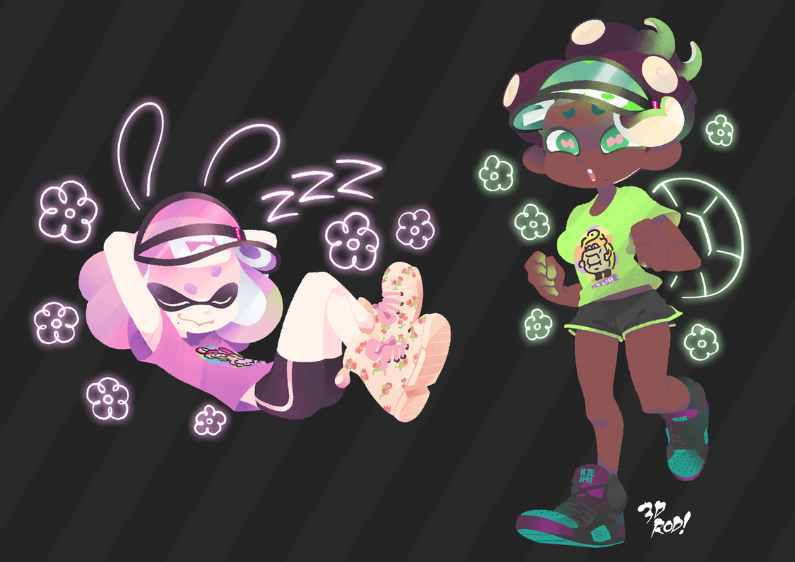 the image depicts two cartoon characters from the video game, splatoon. both characters are female, but have different colors and styles. one of the characters is an inkling, laying down in a tired state. the other character is a squid with an energetic pose, ready to play. the background has a black and white design, with the word "zzz" representing sleep. there are neon glow flowers around the characters and the text "3d rod!" near the bottom of the image.