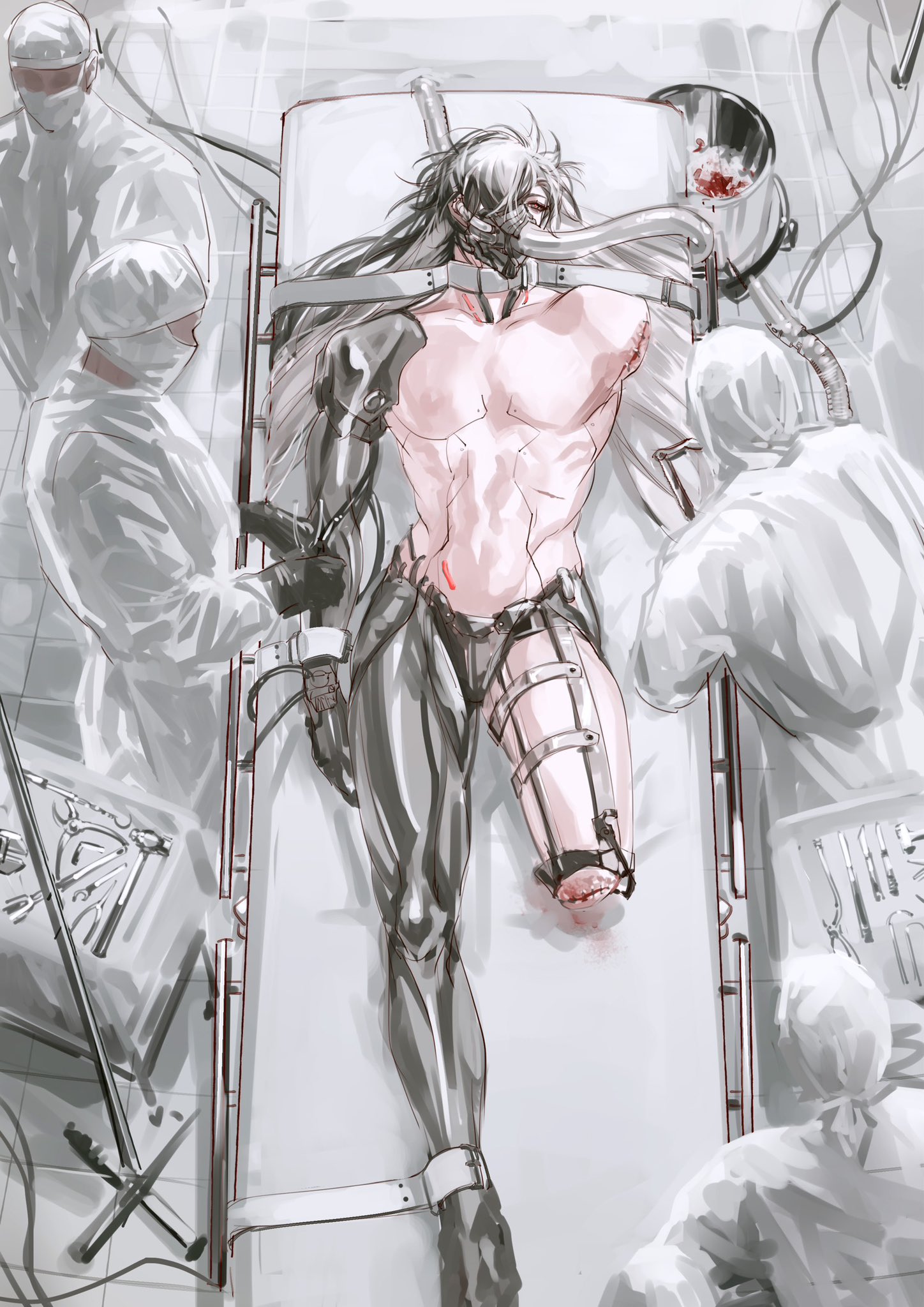 a black and white digital illustration depicts an animestyle man strapped to a medical gurney in a hospital operating room.  he appears to be in surgery as a doctor works over him.  the illustration is detailed and has a sense of drama.