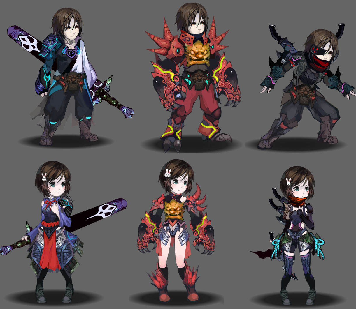 the image showcases six character designs of a warrior in a fantasy setting. the top row features a male warrior and the bottom row a female warrior.  each row displays three variations of the character:  a base design with a sword, a powerful armored form with a demonic theme, and a stealthy, blackclad assassinlike version.  the characters are set against a plain gray background.