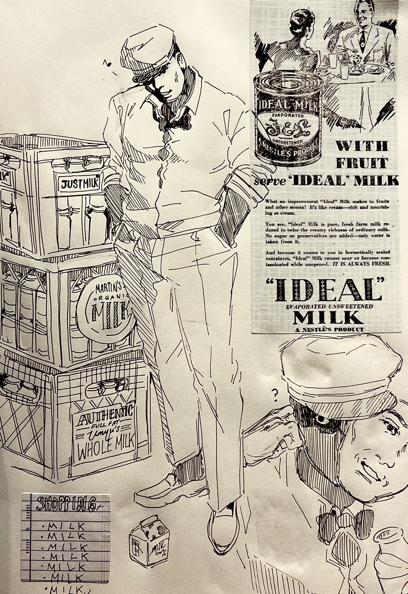 the image depicts a black and white illustration of two men in a setting that appears to be a storeroom or delivery area. the focal point is a man in a uniform, likely a milkman, standing with a concerned expression beside several crates of milk.  he holds a phone to his ear, suggesting a problem has occurred.  on the floor, a puddle of spilled milk reinforces this idea.  behind him, another man peeks out from behind a stack of crates, his expression equally troubled.  a vintage advertisement for "ideal" evaporated milk is prominently displayed on the wall, creating a contrast between the idealized image of milk consumption and the reality of the milkman's predicament. a notepad with the word "milk" repeatedly written on it adds a touch of humor, hinting at the repetitive nature of the milkman's job.
