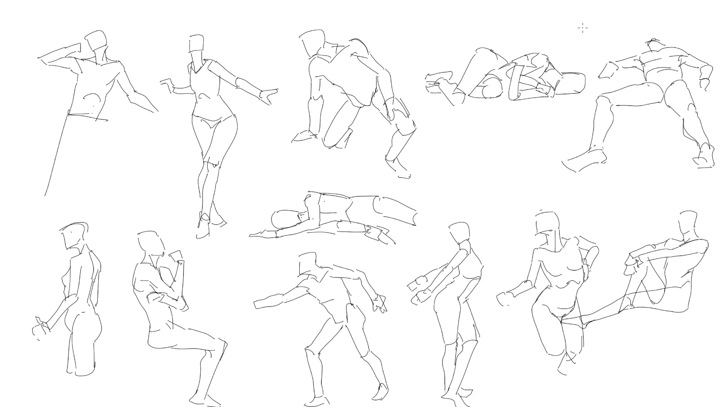 the image consists of a series of quick sketches depicting various human figures in different poses. these sketches appear to be gesture drawings, focusing on capturing the essence of movement and form rather than precise anatomical details. the figures are presented in a variety of dynamic positions, including standing, sitting, lying down, and interacting with each other.