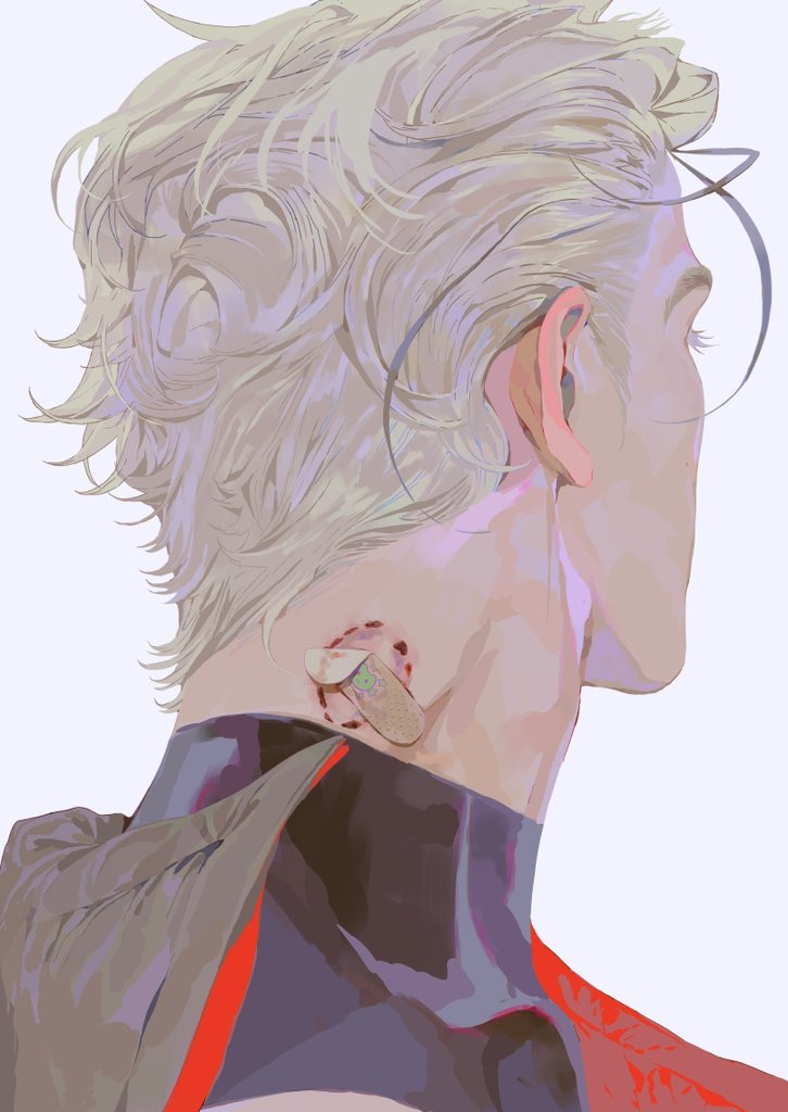 an illustration showing the back of a character's head and neck. the character has light colored, wavy hair and is wearing glasses. there is a bandage on the back of the neck covering a wound. the character is depicted in a side profile. the image is done in a digital art style.