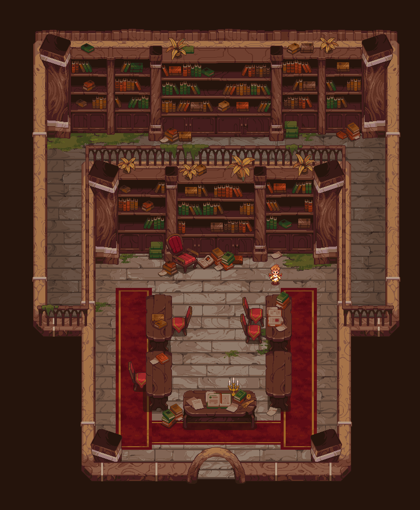 the image is a detailed pixel art depiction of a topdown view of a game asset, specifically a library or study room.  the room features two levels of large, wellstocked bookshelves lining the walls. many books are strewn on the floor, suggesting disarray or neglect.  in the center is a red carpeted area with several wooden tables and chairs arranged around them. papers and books are scattered on the tables, and a small girl character stands near one of the tables. the floor is stone, and there are hints of overgrowth and age to the architecture, giving the impression of an ancient or possibly abandoned library.  the overall style is reminiscent of classic rpg games.
