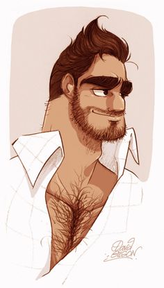 the image is a stylized sketch of a man. he is depicted from the chest up and is slightly turned to the side, offering a threequarter view of his face. he has a confident, pleasant expression with a hint of a smile. his stylized features include thick, dark eyebrows, stubble, and a full head of styled dark hair with a prominent forelock. notably, he has noticeable chest hair peeking out from his partially unbuttoned white shirt. his build leans towards muscular, especially evident in the definition of his neck and chest. the overall style is cartoonlike with exaggerated features, yet it retains a sense of realism and attractiveness. the palette is warm and inviting, further enhancing the character's appeal.