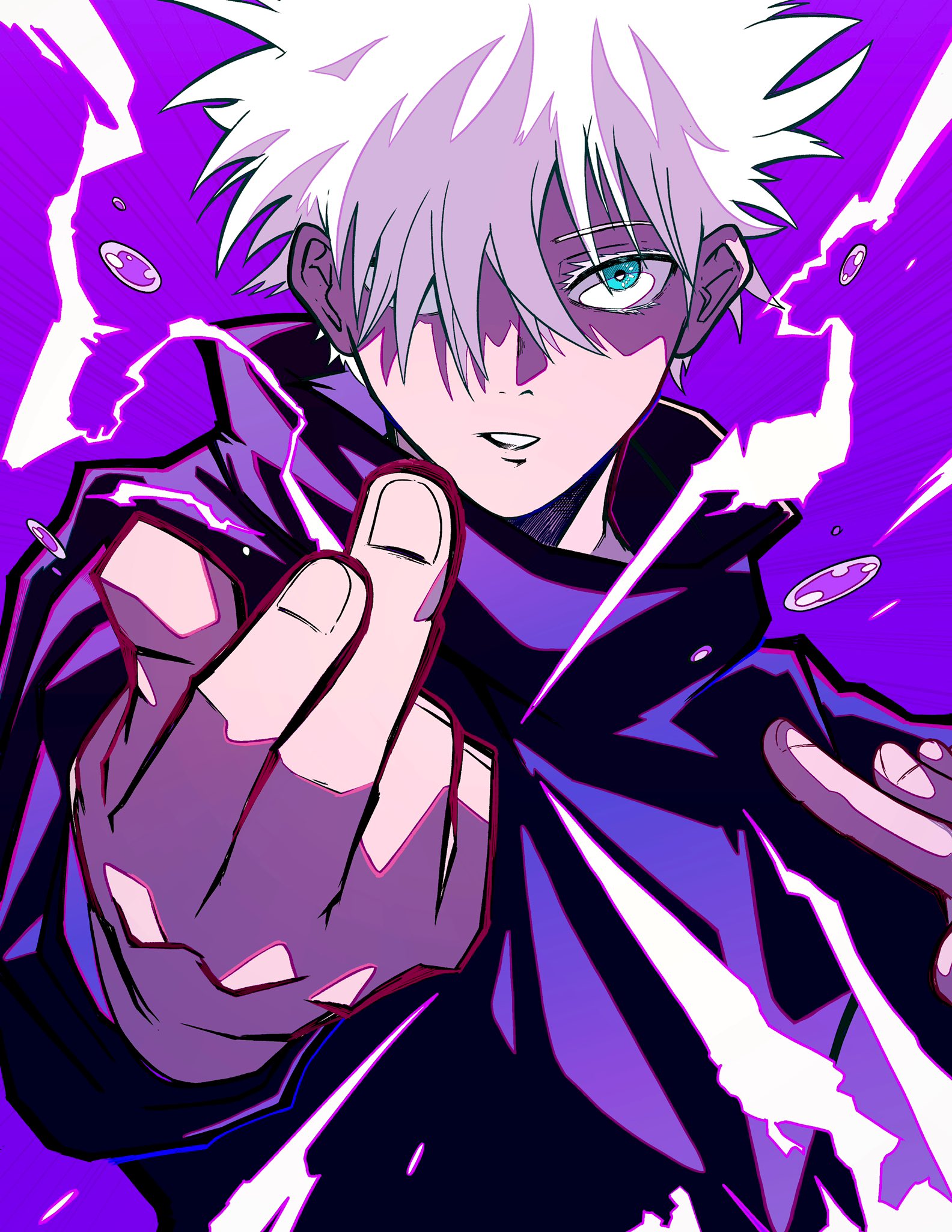 the image features an anime character with white hair and purple eyes. he is wearing a dark cloak and is pointing his finger forward. the background is filled with purple lightning, which suggests that he is using a powerful ability. the character's expression is serious and determined, suggesting that he is ready for battle. the overall style of the image is intense and dramatic, emphasizing the power of the character.