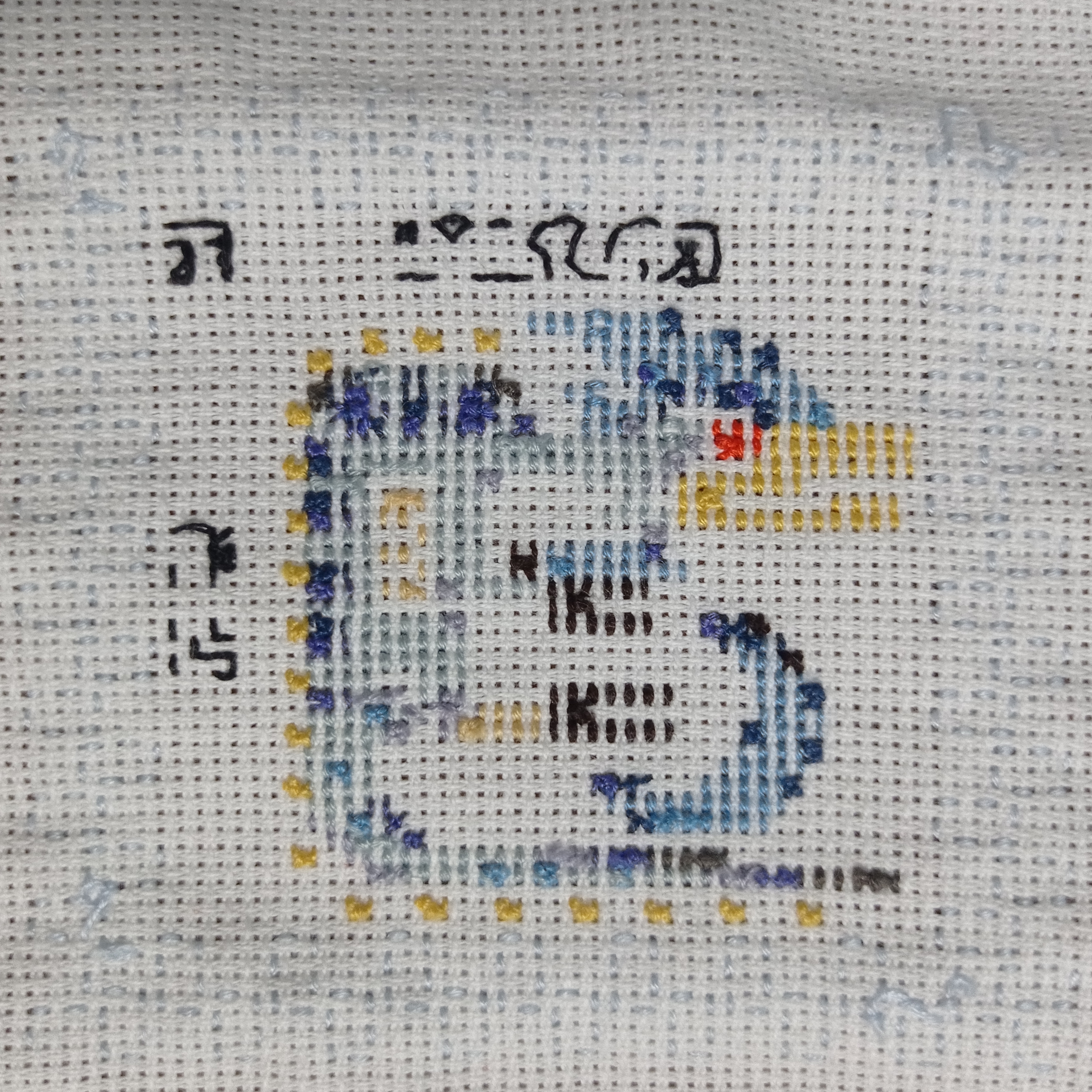 a closeup shot of an unfinished crossstitch embroidery project. the image shows a portion of a larger design, depicting a blue bird in shades of blue, yellow, and brown. the stitches are clearly visible, showcasing the process of creating the artwork.  some markings or symbols are visible on the fabric above the design, likely used for reference during stitching. the background is the offwhite aida cloth commonly used in cross stitch. the overall impression is one of a work in progress, with clear signs of meticulous handwork.