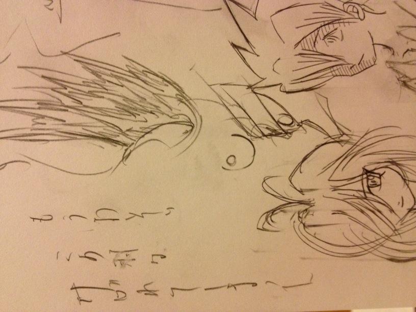 the image is a sketch of two animestyle characters drawn in pencil on offwhite paper. the top character, partially obscured, appears male with spiky hair. the bottom character, more visible, seems female with flowing hair and a determined expression. both figures are depicted from the shoulders up. the artist's notes in japanese are visible on the bottom left, suggesting character design or storyboarding.