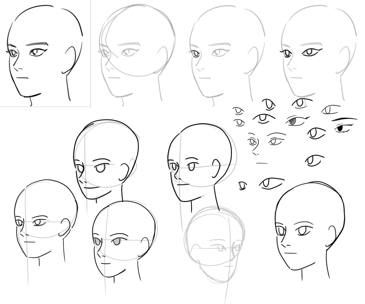 the image displays a collection of drawings and sketches focused on constructing anime/mangastyle faces in a profile or side view. various stages of the drawing process are illustrated, starting with basic shapes and construction lines and progressing to more detailed outlines.  there are multiple examples demonstrating how to draw the head from different angles, along with different eye variations. it appears to be a visual guide or tutorial on how to create these types of faces.