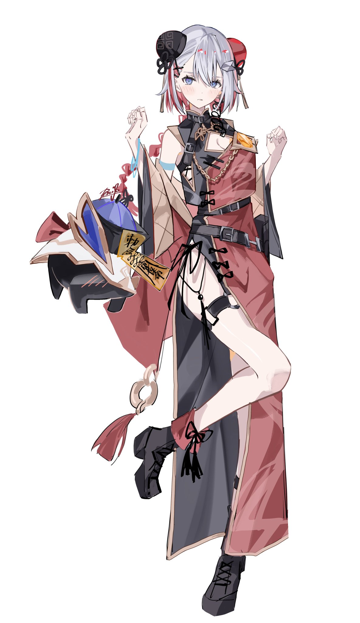 an anime girl with white hair, wearing a red and black traditional chinese dress is posing with a sword. she has a confident look and a charming smile.
