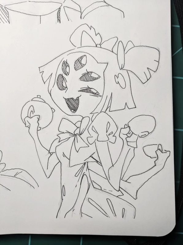 this is a black and white sketch of a girl with spider features and big eyes. she's wearing a bow and a dress.  the drawing is in the anime/manga style.