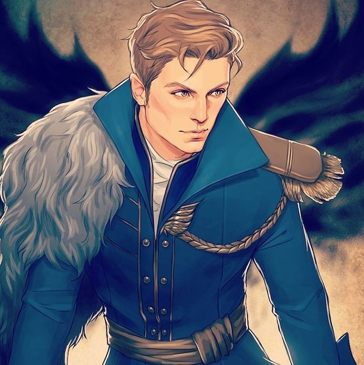 the image is a digital painting or fanart depicting a young, handsome man. he is portrayed in a fantasy setting, wearing an elegant blue militarystyle coat with a large fur collar. the coat features gold buttons and a braided rope detail across the chest.  a brown belt cinches his waist.  he has light brown hair styled neatly, and a serious or thoughtful expression on his face.  in the background, a shadowy suggestion of large, dark wings is visible. the overall style is highly detailed and polished, suggesting it might be fanart based on a book or game character. the artwork exhibits a blend of realism and stylized elements typical of fantasy character design.
