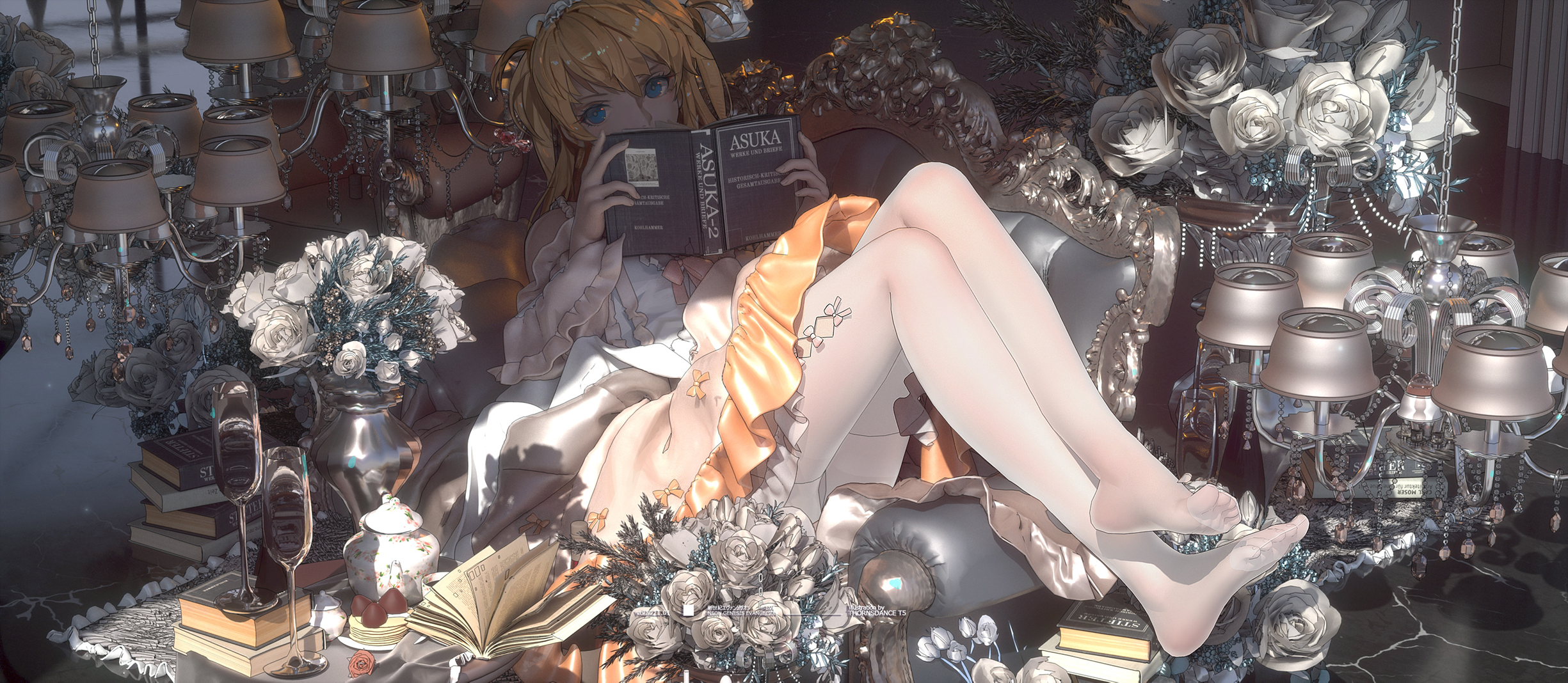 the image is a digital illustration of a beautiful anime girl with long blonde hair and blue eyes. she's sitting on an ornate chair in a luxurious room, dressed in an elegant dress and white stockings. she's reading a book titled "asuka," and the room is filled with various decorative elements such as chandeliers, flowers, champagne glasses, and a tea set. the overall style is realistic and highly detailed, creating a visually stunning and atmospheric scene.  the artwork combines elements of fantasy and realism.