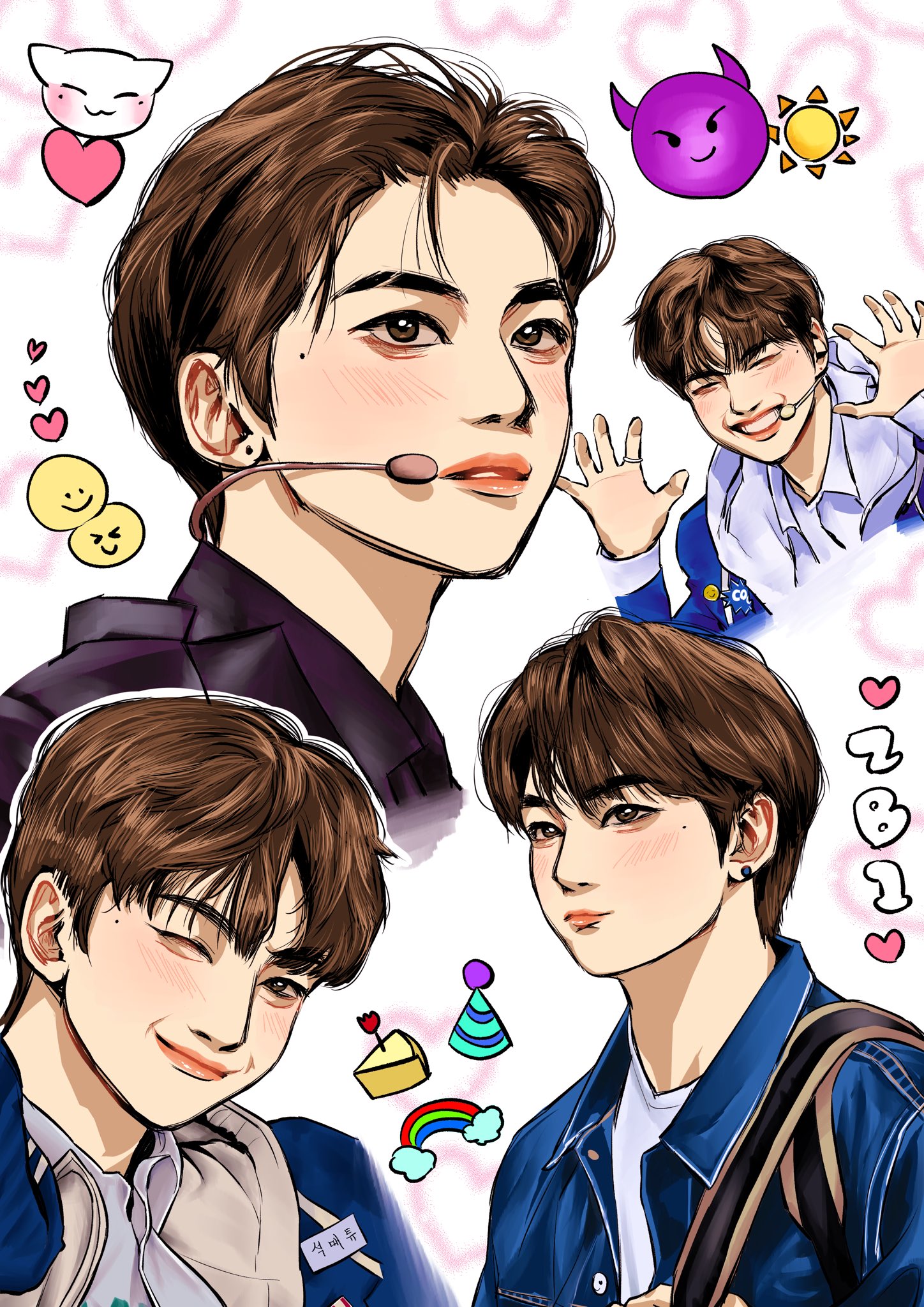 this is a digital fanart piece of a male kpop idol in different poses, potentially from various reference images. the style leans towards semirealistic with a focus on capturing his charm and handsomeness. there's a playful energy to the artwork due to the use of bright doodles, typical of fan art dedicated to idols.