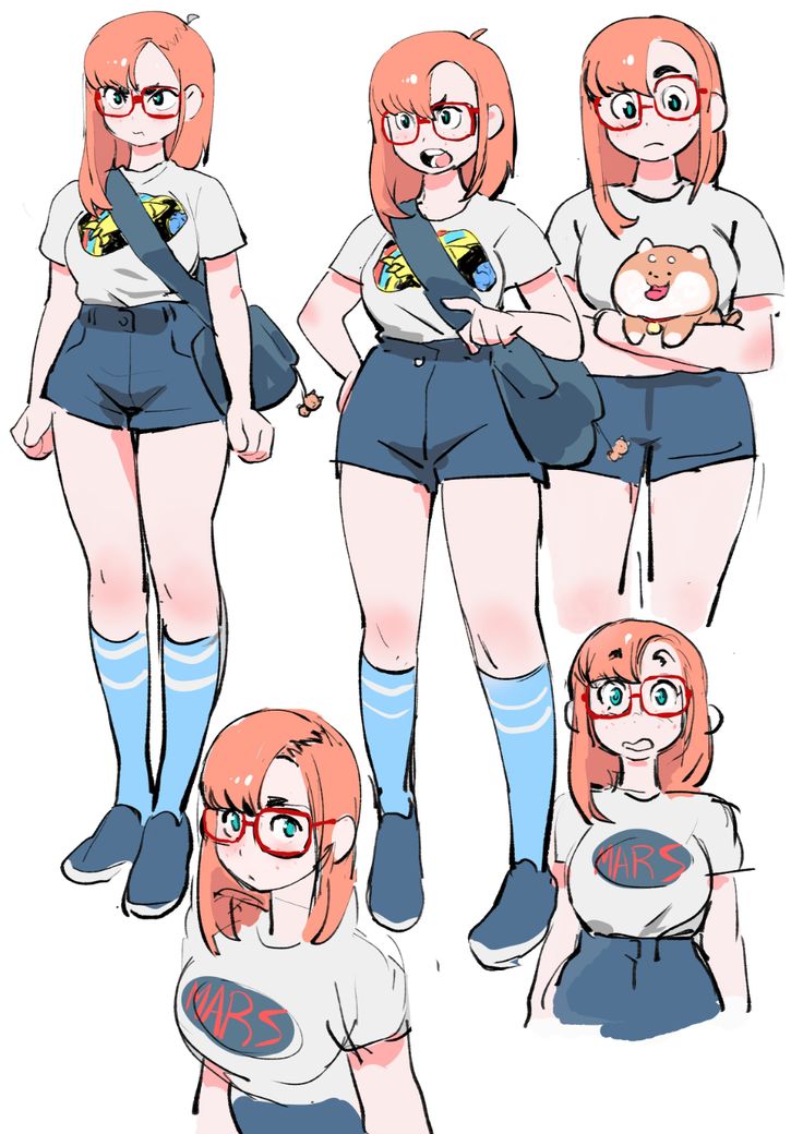 this illustration depicts a young woman in various poses. she has short, pink hair and wears glasses, a white tshirt, blue shorts, white and blue socks, and dark blue shoes. she's wearing a bag across her shoulder and has a dog in her arms in one of the poses.  she's a cute and cheerful animestyle character.