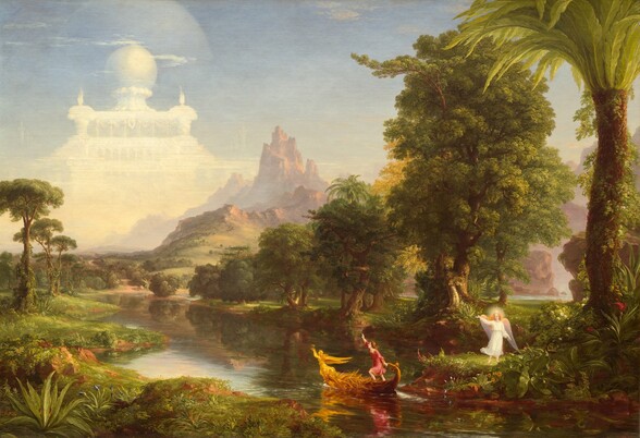 a classical landscape painting depicting a river scene with figures in a boat, an angel on the shore, and a lush, idyllic paradiselike environment with trees, mountains, and a celestial building in the distance. it evokes themes of journeys, spirituality, and a utopian vision.