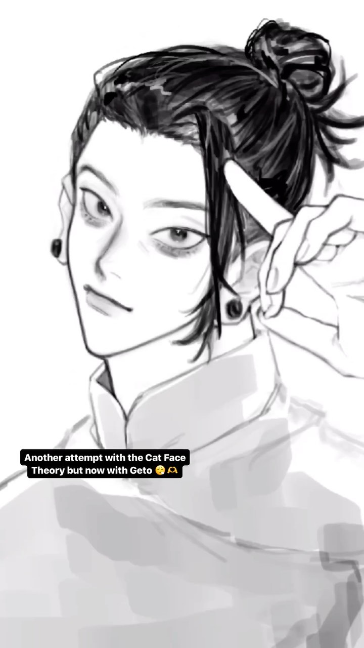 a grayscale drawing of a male anime character, possibly fanart of geto suguru from jujutsu kaisen.  the character has a topknot hairstyle, earrings, and expressive catlike eyes. the drawing is labeled "another attempt with the cat face theory but now with geto". the character is depicted in a stylish pose with a hand near his face. the style is a mix of sketch and more refined linework, giving a dynamic feel.
