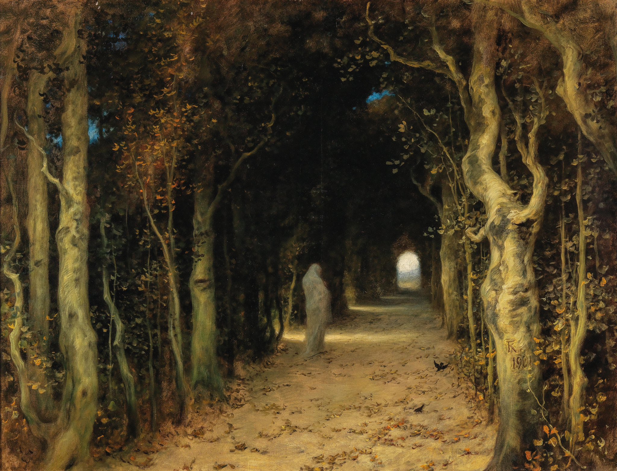 the painting depicts a shadowy forest path with a single, vaguely defined, whiterobed figure walking towards a distant point of light. the trees arch over the path, their leaves forming a dark canopy. the path is earthtoned, scattered with fallen leaves, leading the viewer's eye deeper into the woods. the overall atmosphere is one of quiet mystery and contemplation.