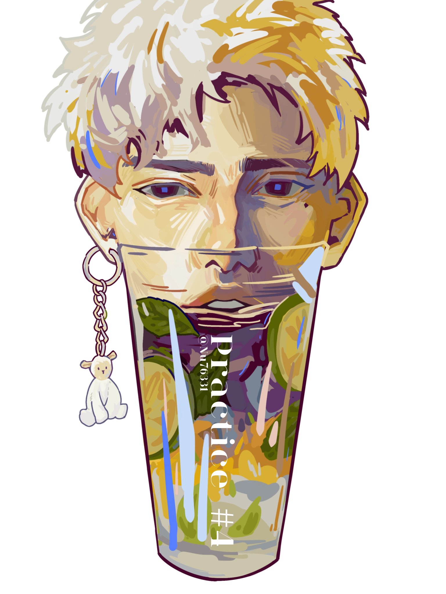 a digital art illustration of an anime boy with blonde hair and an earring,  is drawn as a glass of fruit drink with the word "practice #1" written on the glass.