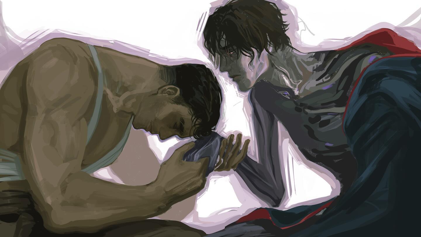 the digital painting depicts two men in a tender, emotional embrace. one man, with a muscular build, wears a simple sleeveless garment and has a look of deep concern on his face as he holds the other. the second man is leaner, with pale skin and dark clothing, leaning against the first with a distressed expression. their heads are close together, suggesting intimacy and mutual support amidst a feeling of sadness or grief.  the style is reminiscent of anime or manga, with soft yet expressive brushstrokes creating a mood of melancholic intimacy.  the overall color palette is muted, with darker tones dominating, emphasizing the somber mood of the scene.