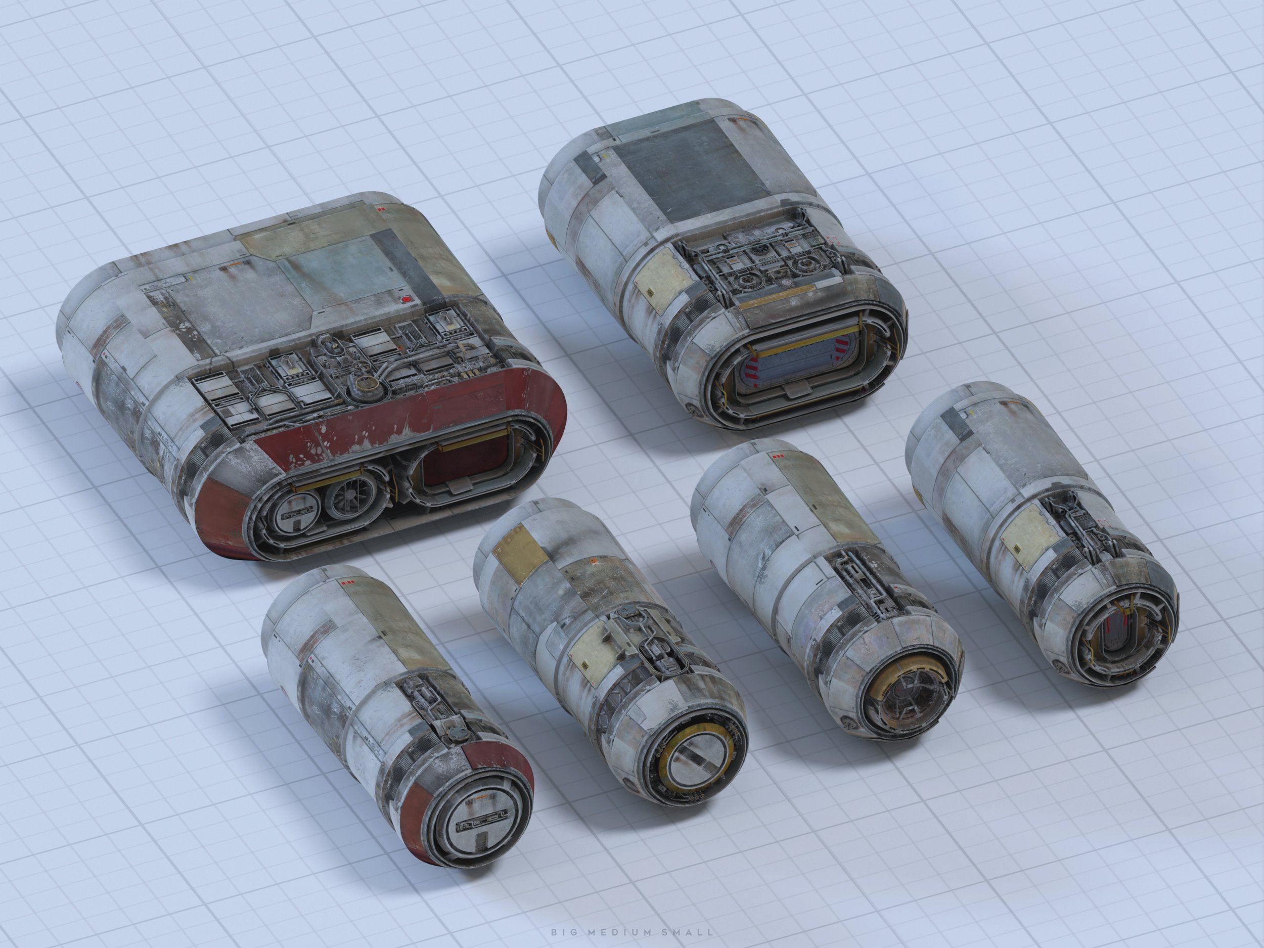 he image shows a 3d rendering of seven spacecraft cargo containers or modules of varying sizes.  they are depicted from different angles and are arranged on a gridded background. the containers are cylindrical or cuboid in shape and feature a worn, weathered appearance with a mix of grey, white, and red colors.  the details of their surfaces suggest mechanical components and access panels. the size variations are labeled as "big medium small" at the bottom of the image. the overall style is futuristic and industrial, suggesting a scene from a science fiction setting.