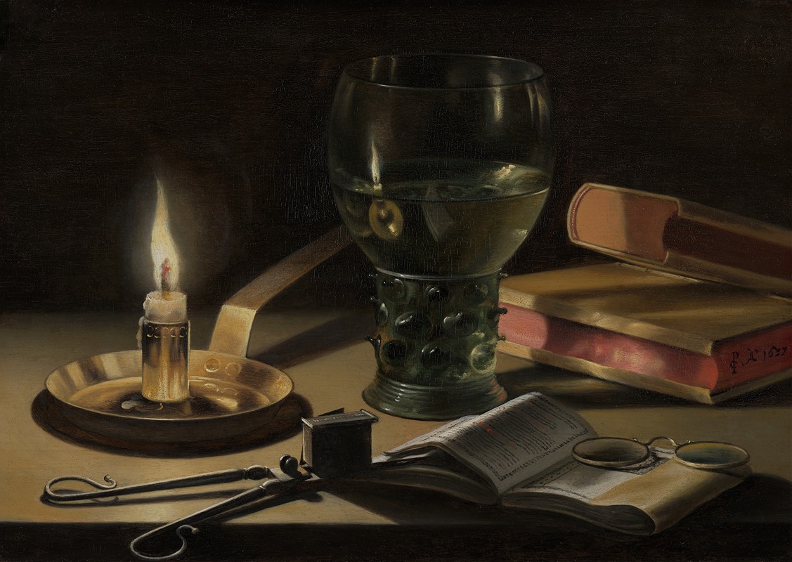 this is a still life painting featuring a variety of objects arranged on a table. the scene is dimly lit, likely by the candle that is prominently placed on the left side of the composition. the candle sits in a metal candlestick with a wide, shallow base. next to the candle, there's a tall, stemmed glass partially filled with a clear liquid, possibly wine or water. behind the glass, there are two books stacked on top of each other, with the lower book appearing to have a rededged cover. in the foreground, there's an open book with text visible on its pages. a pair of spectacles rests on top of the open book. a pair of tongs is placed on the left side of the open book, along with a match box. the overall mood is somber and reflective.