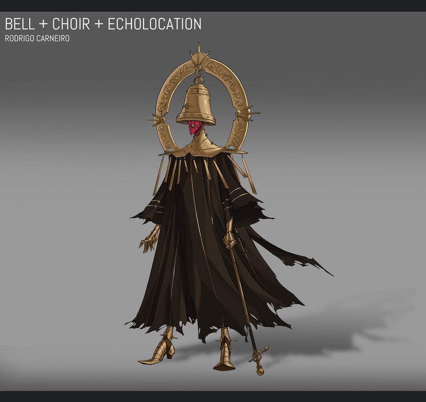 this digital art illustration depicts a fantasy character, likely a deity or a highranking figure, wearing a  goldtrimmed, black robe. their head is covered by a bell,  possibly  alluding to a "bell choir" or a being capable of sonic manipulation. the figure holds a goldentipped staff and is surrounded by a golden halo, signifying an important presence. the artwork's style is  distinctly fantasyoriented, with intricate details and vibrant colors.