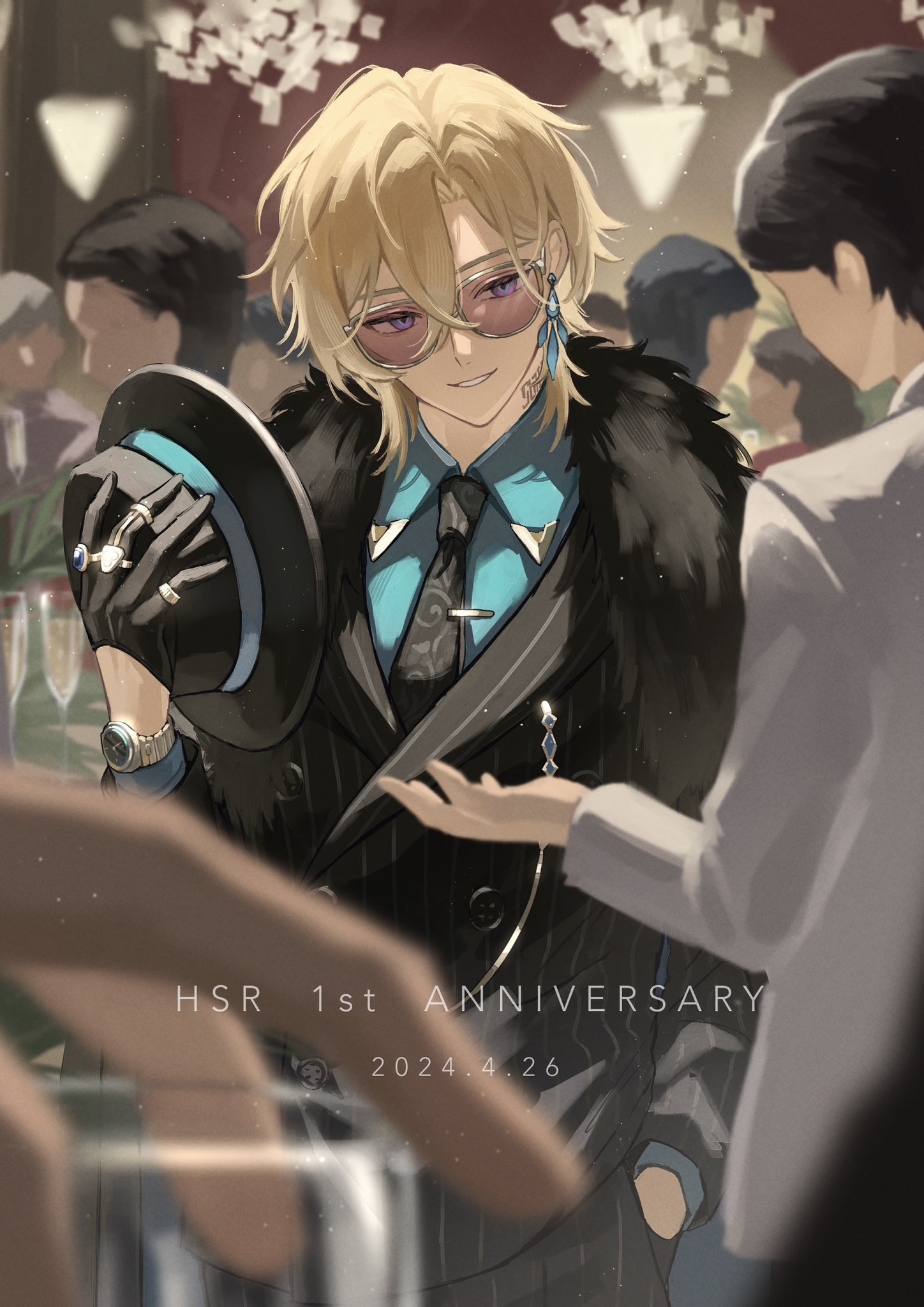 this is a piece of fanart celebrating the first anniversary of honkai: star rail (hsr). it features a stylish male character, likely inspired by a character from the game, dressed in a pinstripe suit with a fur collar, teal tie, and fedora. he's wearing glasses and has blond hair. the artwork is set in a party or celebratory setting.  the text "hsr 1st anniversary 2024.4.26" is prominently displayed. the overall style is elegant and sophisticated, capturing the celebratory spirit of the game's anniversary.