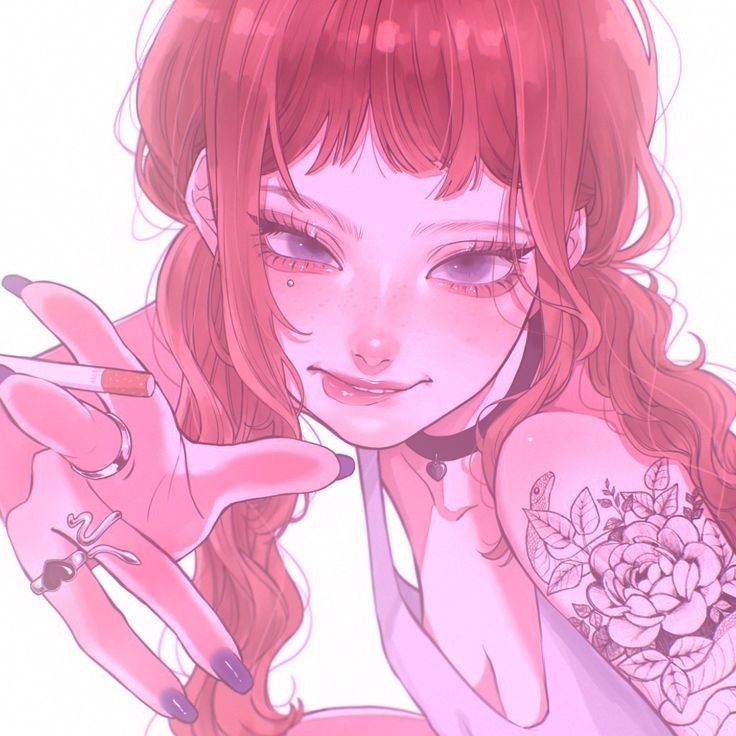 the image is a digital illustration of a young animestyle girl with long, wavy red hair. she has bangs, pale skin, and freckles.  she's wearing a choker and has a floral and snake tattoo on her upper arm. the girl is holding a cigarette in one hand and looking directly at the viewer with a slightly seductive expression. the overall color scheme is soft pink, and the art style is smooth and detailed. the image is a closeup portrait, focusing on the girl's face and upper body.