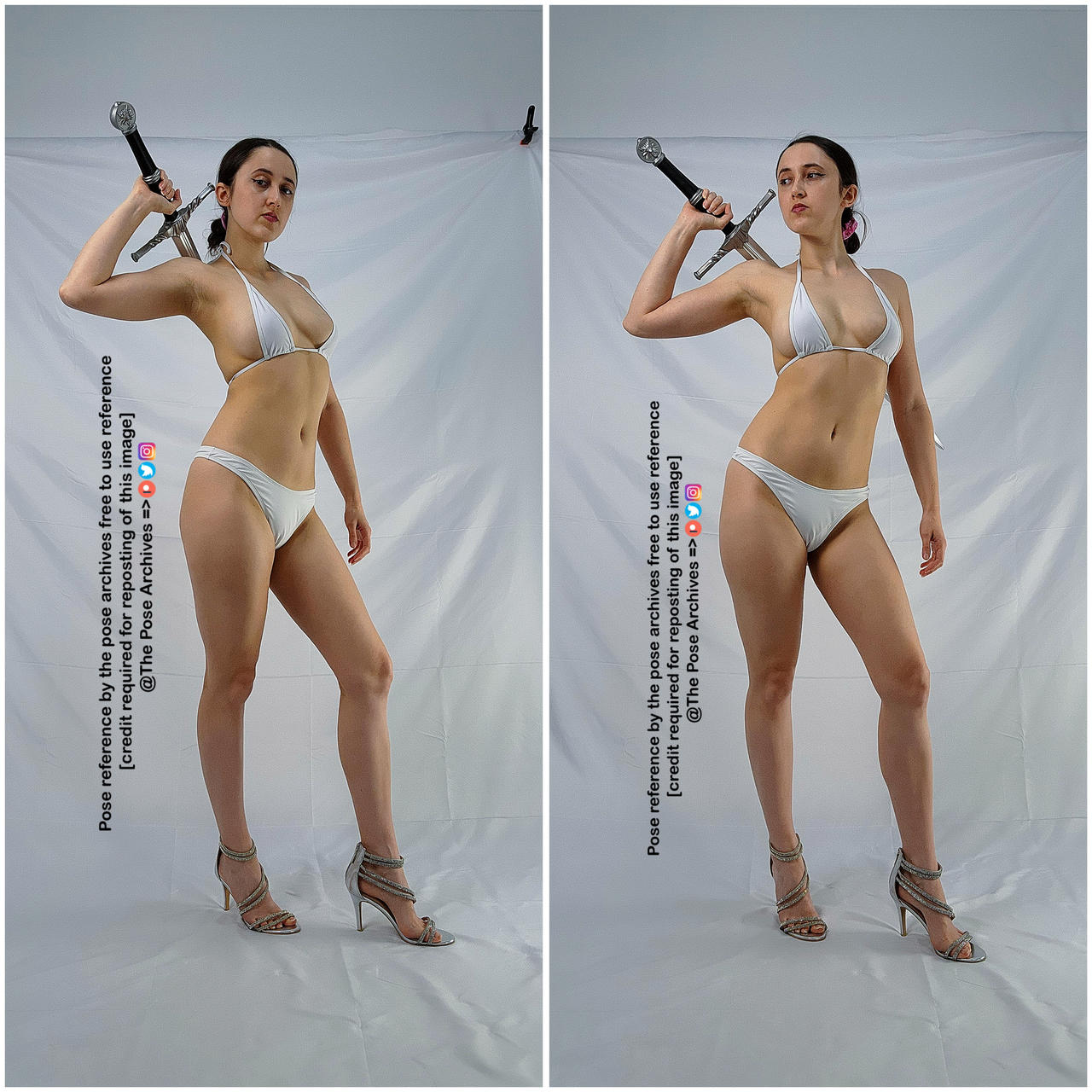 a woman in a white bikini is posing with a sword against a white background. the image is a pose reference. she is standing with her weight on her left leg and her right leg slightly bent. her left arm is raised above her head, holding the sword, and her right arm is at her side. she is looking at the camera.