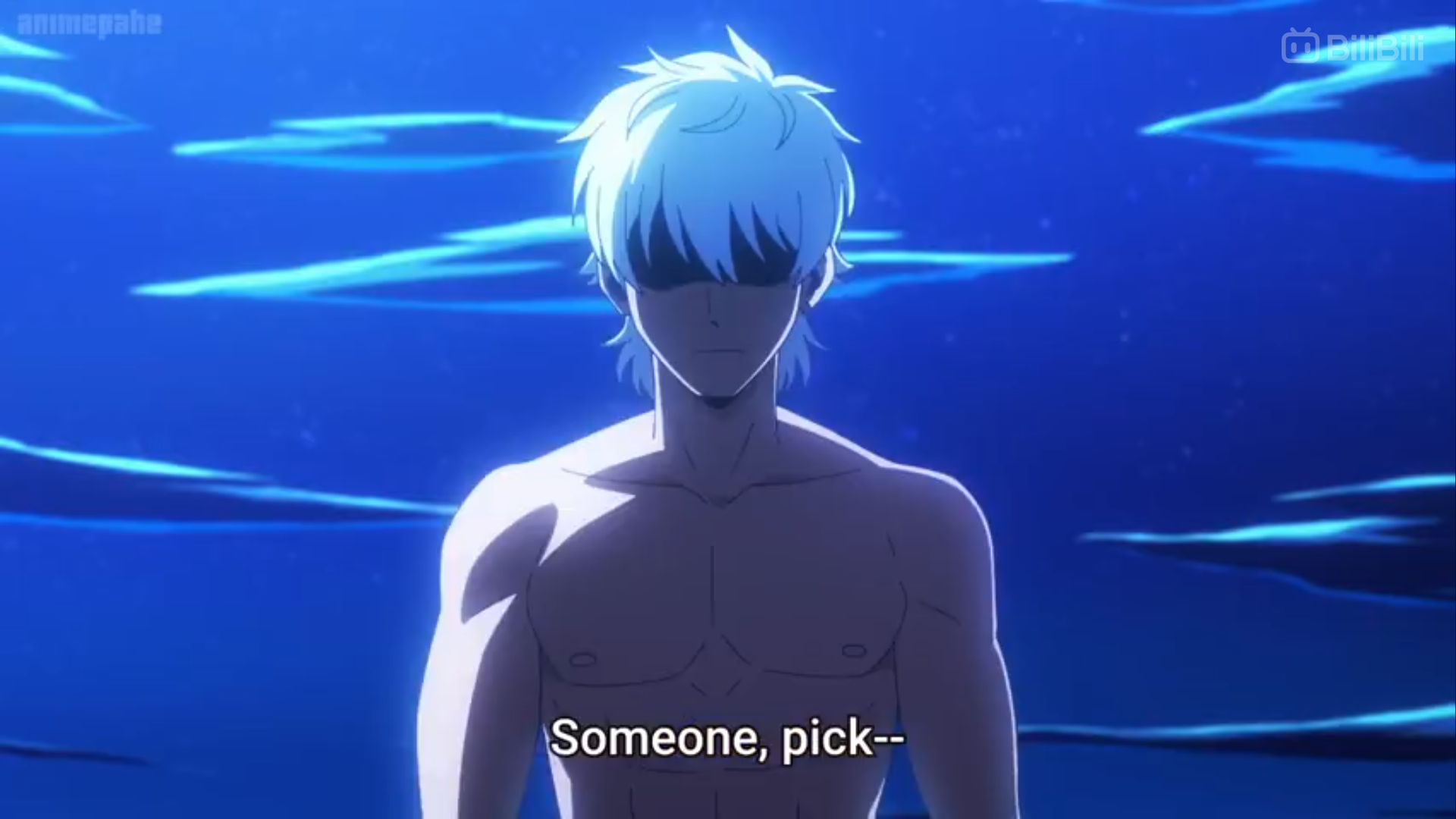 the image features a muscular, young man with white hair standing in shallow ocean water. his eyes are covered by a blindfold, adding an air of mystery. the background showcases a dark blue night sky reflecting off the water's surface. the lighting is dramatic, with a bright light source illuminating the man from behind, creating a strong silhouette. the overall mood of the image is serious and intense.