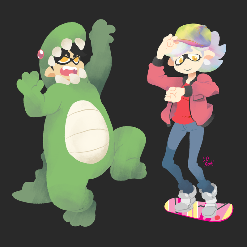 this is a digital illustration of two cartoon characters. one is a boy wearing a green dinosaur costume and the other is a girl with blue hair wearing a red jacket, a yellow hat, and blue jeans. the girl is on a futuristic skateboard or hoverboard.