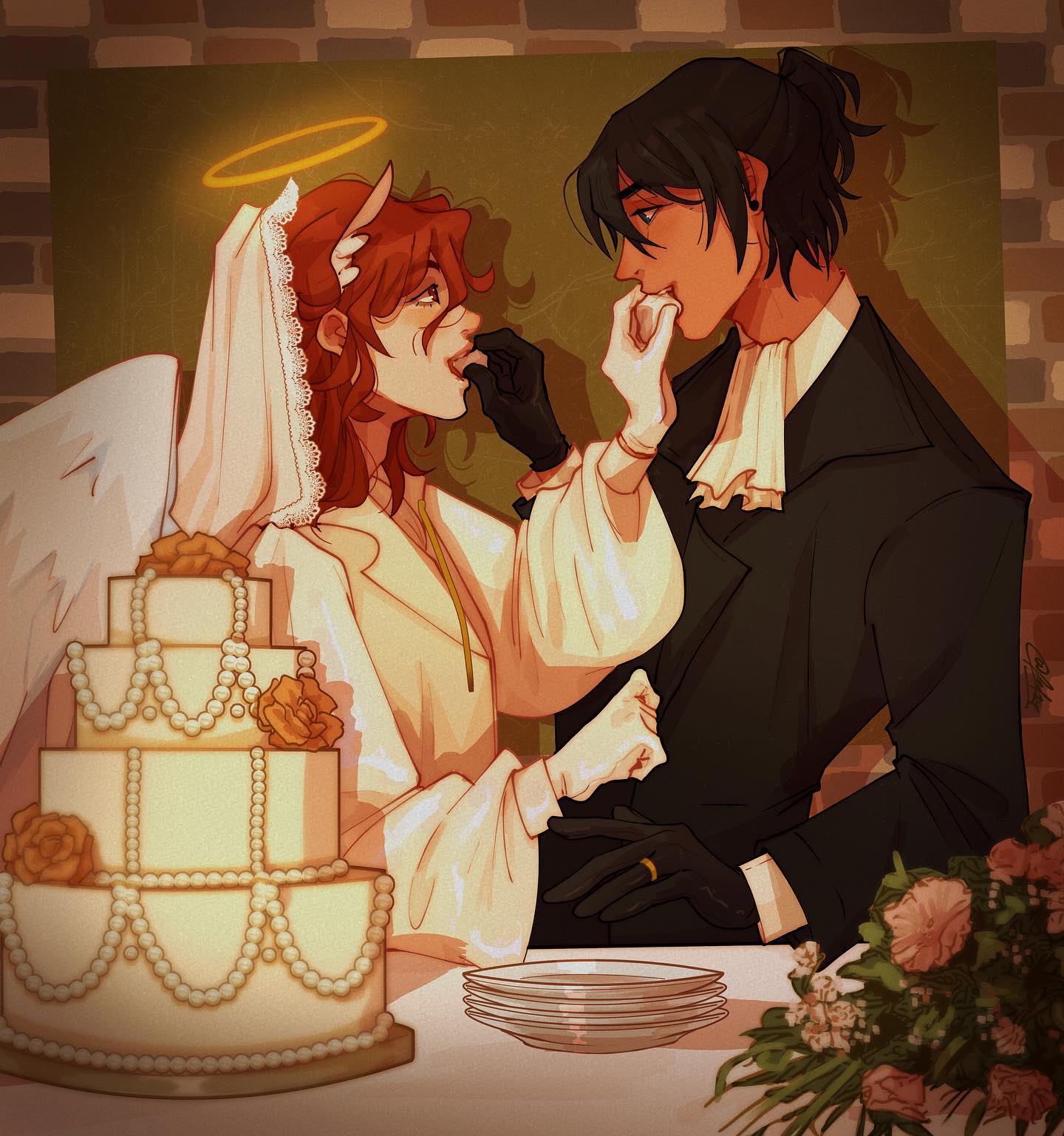 the illustration depicts a romantic wedding scene between a bride with angel wings and a halo, and a groom in dark attire.  the bride has red hair and small horns peeking out from under her veil, suggesting a playful contrast between angelic and devilish qualities. the groom is elegantly dressed in dark clothing. they are feeding each other cake during what appears to be the cutting of the wedding cake, which is a multilayered confection decorated with pearls. the background features a warmtoned wall with an olive green section and  a bouquet of flowers rests on the table near the wedding cake.  the overall style is reminiscent of digital fanart, characterized by smooth lines, warm color palettes, and a focus on the romantic interaction of the couple.