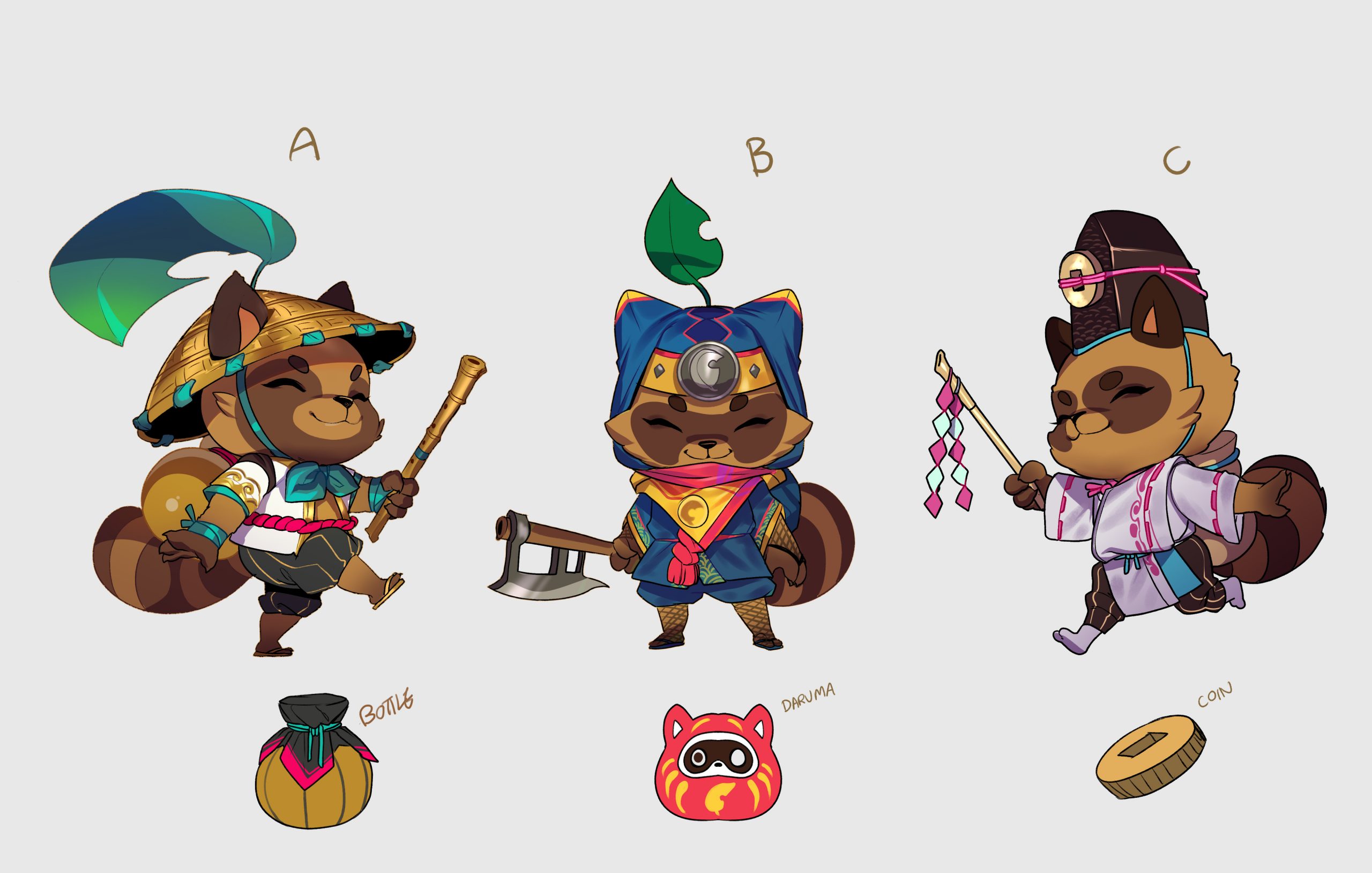 this image showcases three adorable raccoon character designs, each representing a unique role or persona. they are styled in a cute, animeinspired manner, incorporating elements of japanese folklore and culture.character a, the "botui," is depicted as a farmer or traveler, with a straw hat, backpack, and a flute. character b, the "daruma," appears as a warrior or spiritual leader, wearing a blue and gold outfit and carrying an axe. lastly, character c, the "coin," is dressed as a priest or celebrant in traditional clothing and carrying a festival streamer. each character is accompanied by an associated item: a bag for a, a daruma doll for b, and a coin for c.  the overall style is vibrant and playful.