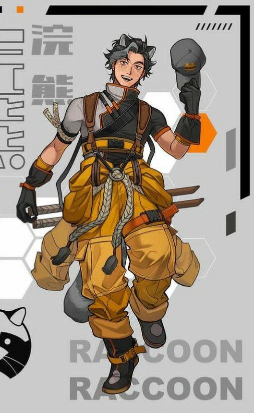a digital illustration of an anime character in a raccoon costume. the character is standing with their legs slightly spread apart and their right arm raised, holding a hat over their head. the character is wearing a yellow and black jacket with a belt that is fastened with an animal skull buckle. the character is also wearing brown pants and black shoes. the character's head is covered in a black and gray raccoon mask. the background is a grey, geometric pattern. at the bottom of the image, the word "raccoon" is written twice, in a black and white font.