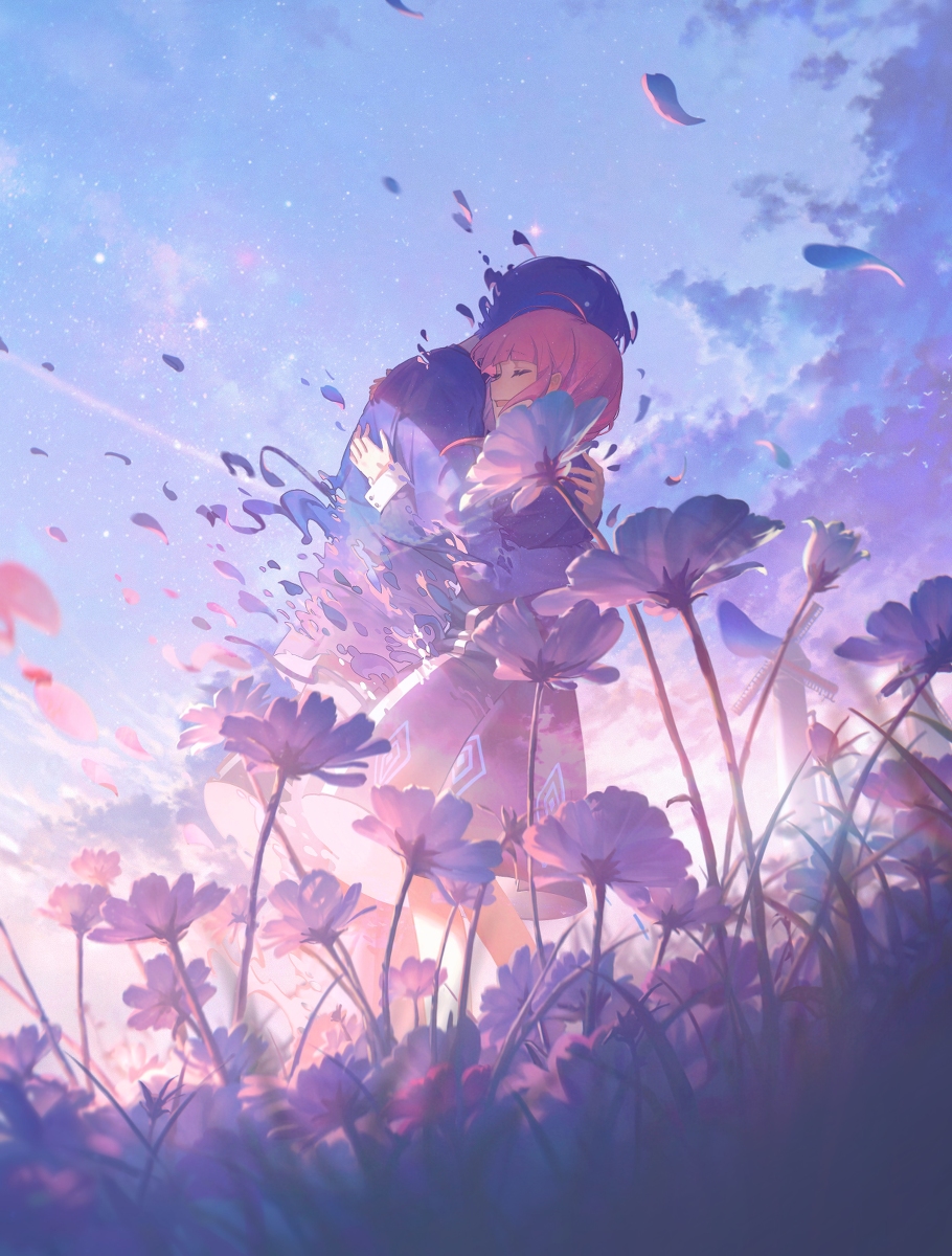 an animestyle illustration of a couple embracing in a field of purple and pink flowers. the sky above is a mix of blue and pink with wispy clouds. the couple appears to be disintegrating, with pieces of their bodies turning into petals and flowing away. the overall mood is romantic and ethereal.