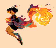 a stylized illustration of a young black woman leaping through the air with a look of determination on her face. her hair is styled in space buns, and she's wearing a stylish outfit. she holds a glowing orb in her right hand, which is connected to a vibrant trail of abstract shapes and lines that resemble fire or flowing energy.  the colors are warm and dynamic, creating a sense of movement and power.
