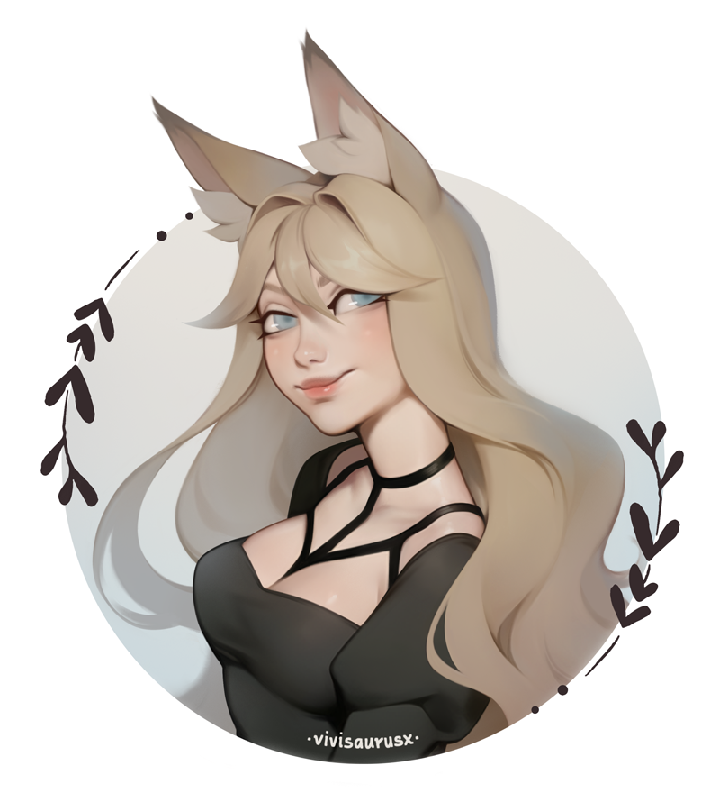 a digital art portrait of a cute anime girl with long blonde hair, blue eyes, cat ears, and a black dress. she is looking to the right, with a slight smile on her face. the background is a white circle with a floral design around the edges. the image has the signature of the artist "vivisaurusx" at the bottom.