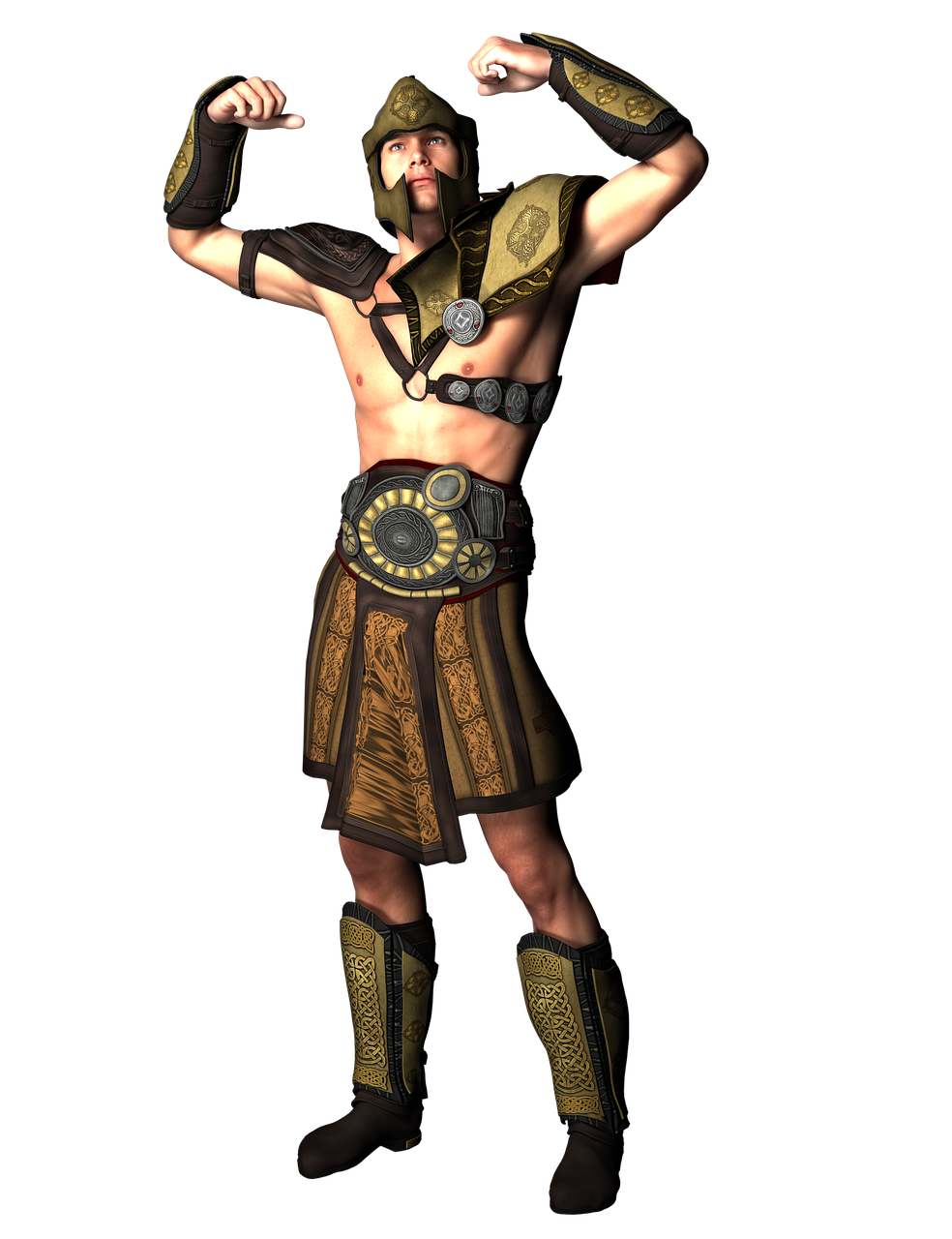 a digital art depiction of a muscular male warrior is shown in a studio shot. the warrior is barechested, clad in armor, including a helmet, arm guards, a belt, a skirt, and boots. he is flexing his arms in a confident pose against a black background.