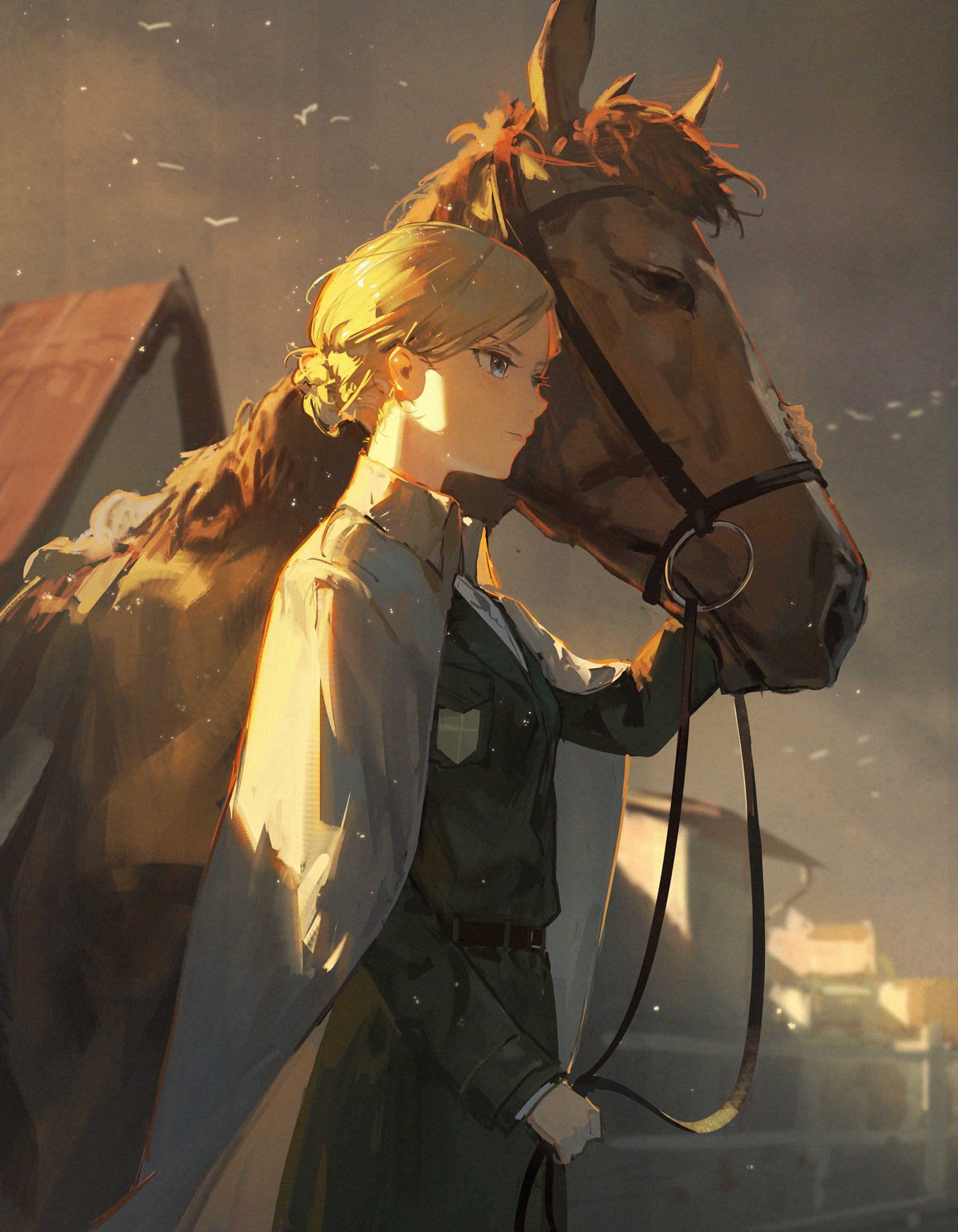 an anime girl with blonde hair and a green military uniform is petting a brown horse. the horse is standing close to her and she is holding onto its reins. they are standing in a grassy field with a house in the background. the sky is orange and there are white clouds in the sky.