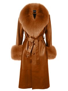 a fulllength brown leather coat with a fur collar and cuffs. the coat has a belt with a button closure. the coat is stylish and elegant.