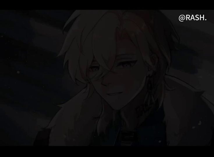 the image is a closeup digital artwork of an animestyle boy with blonde hair. he has a mysterious and slightly smirking expression. he's wearing a dark jacket with a high collar and seems to have tattoos and earrings. the overall atmosphere is dark and shadowy, adding to the mysterious feel.  the watermark "@rash." is visible in the upper right corner.
