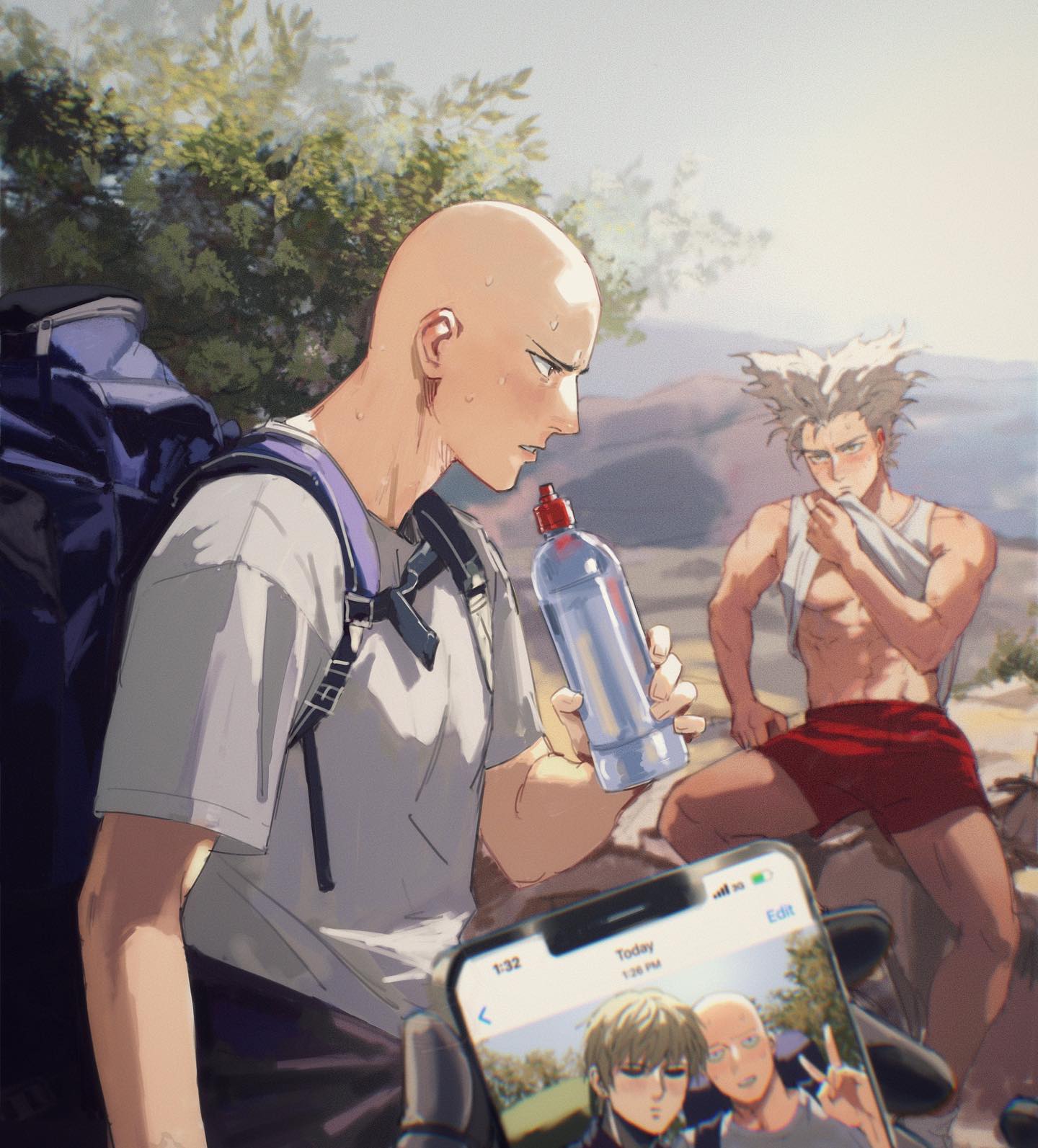 the image showcases saitama, the protagonist of one punch man, alongside garou and genos, two other prominent characters from the series. the trio appears to be taking a break from a hike, as indicated by their attire and the mountainous backdrop. saitama, clad in a white tshirt and holding a water bottle, seems mildly annoyed. garou, shirtless and sporting his signature white hair, relaxes while genos is only visible in a selfie being taken by saitama. the art style is semirealistic with a focus on detail and lighting, enhancing the overall impact of the scene. the sunny, natural lighting creates a cheerful atmosphere, contrasting saitama's expression.