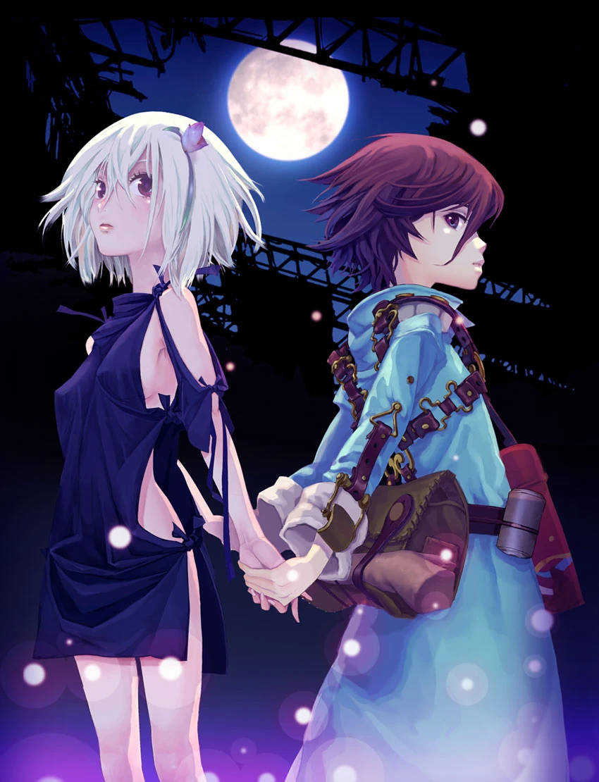 two anime girls stand holding hands against a backdrop of a dilapidated bridge and a bright full moon. the girl on the left has short white hair and wears a dark blue dress, while the girl on the right has short brown hair and wears a blue and white dress with a satchel. the scene is bathed in cool moonlight, creating a magical and serene atmosphere.