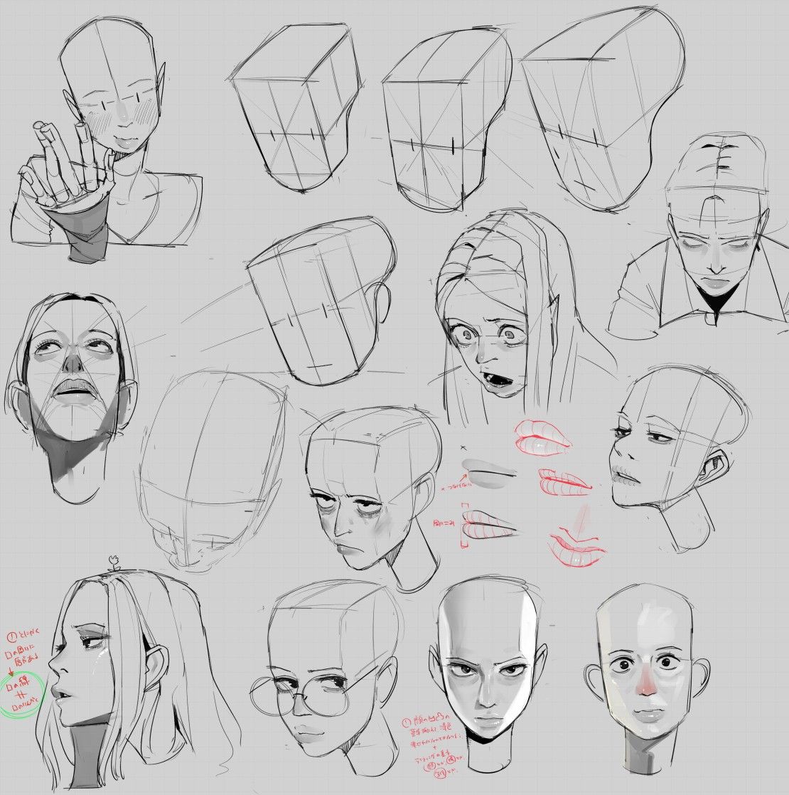the image shows a digital sketch page filled with various head and face drawings. it seems to be a practice or study sheet for understanding head anatomy and proportions. the artist has used different perspectives, and some drawings have guide lines and shapes drawn over them, indicating a focus on construction and form. there are also some sketches exploring facial expressions and features like lips and eyes.  the overall style is loose and expressive, suggesting a focus on learning and experimentation rather than creating a polished piece.