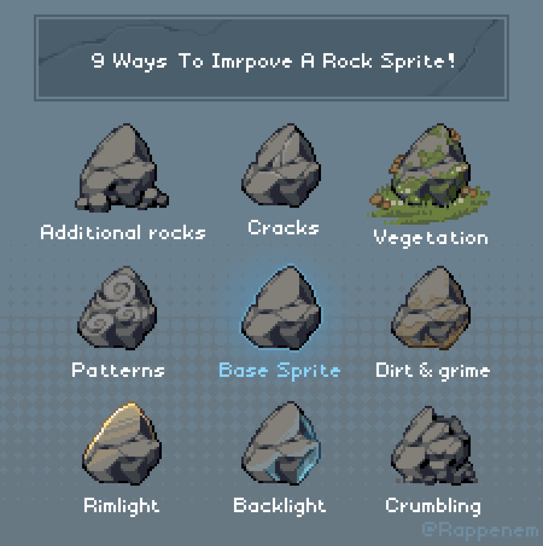 the image shows a tutorial on how to improve a rock sprite in pixel art. it presents nine variations of a base rock sprite, showcasing different techniques like adding cracks, vegetation, patterns, rimlight, backlight, dirt, grime, and crumbling effects.